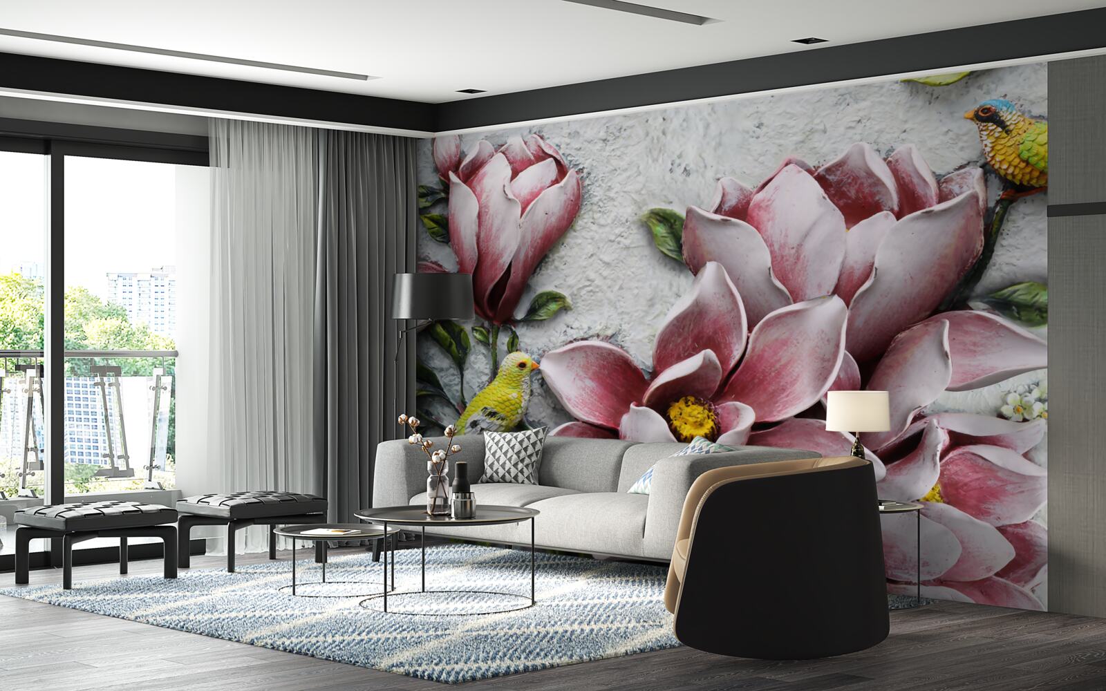 Fototapeta lotos jest czerwono-biały, a ptaki jasnożółte