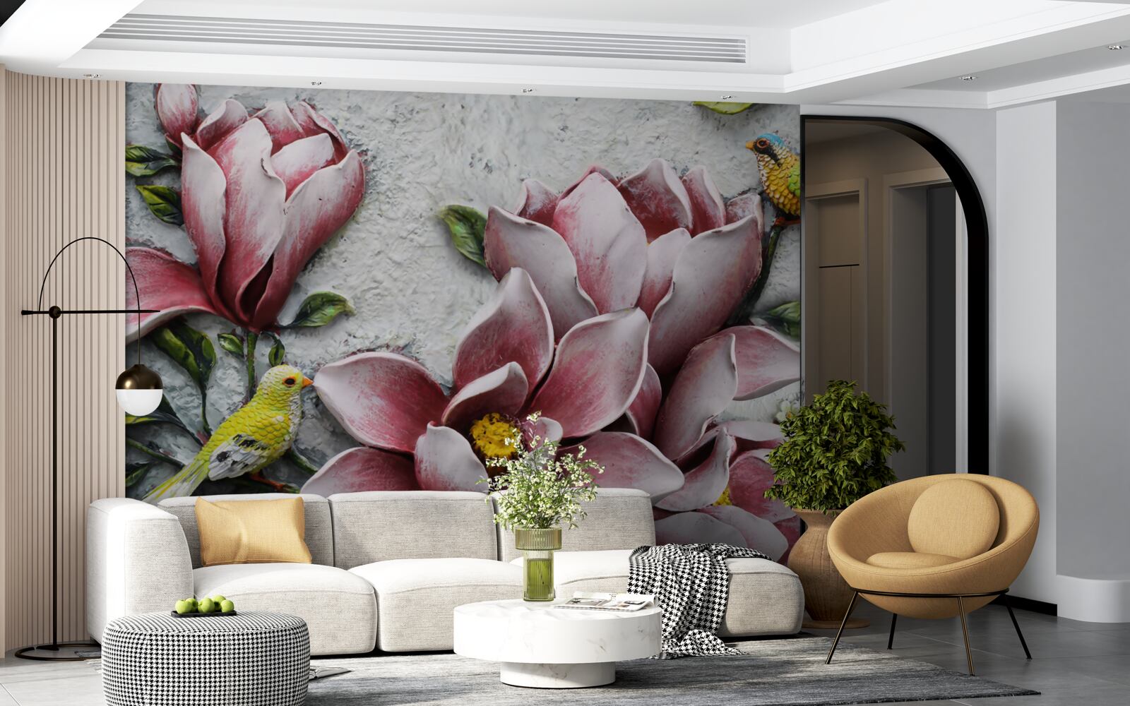 Fototapeta lotos jest czerwono-biały, a ptaki jasnożółte