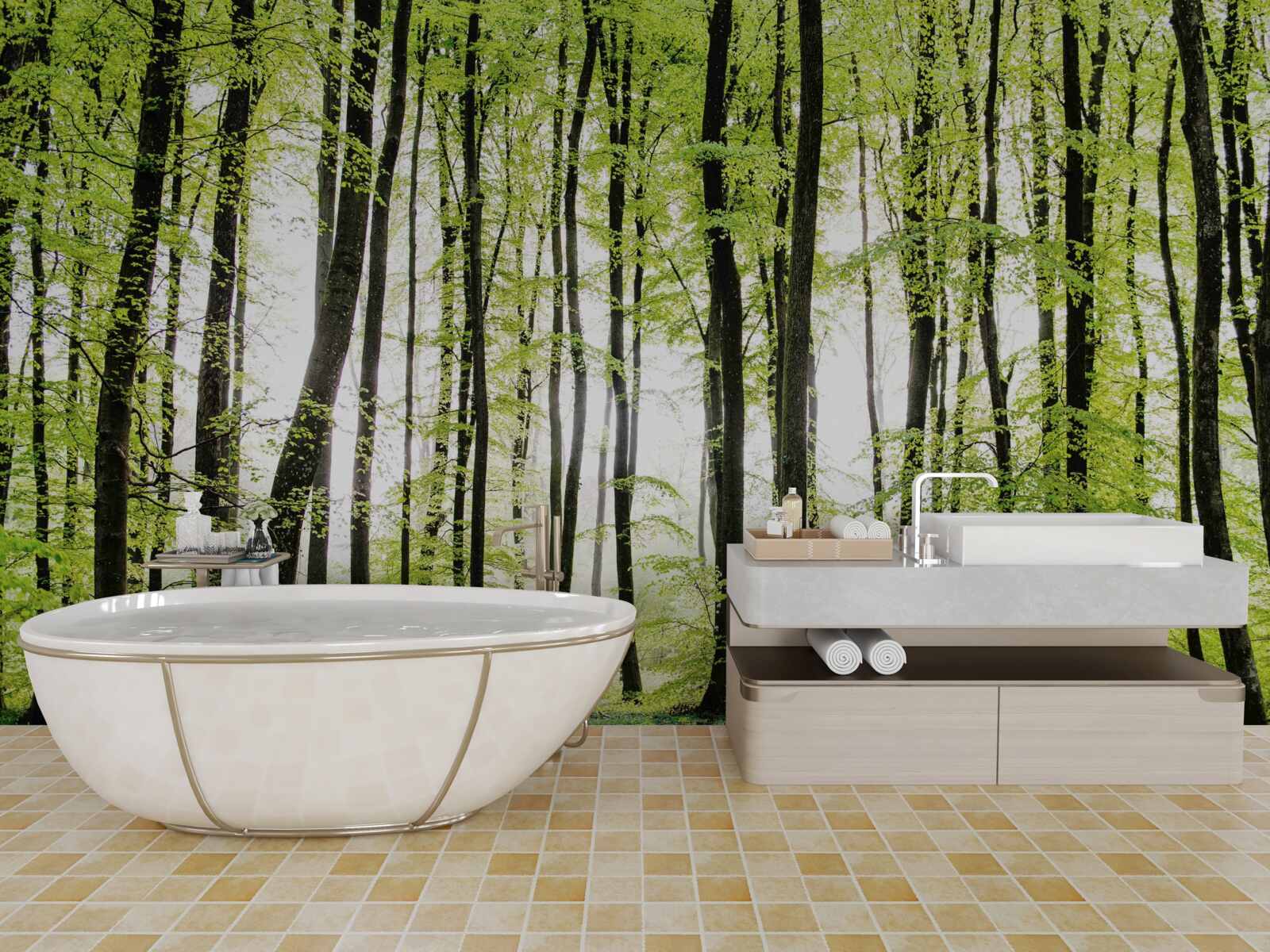 Fototapeta poranne drzewa rozciągające się w górę niczym smukłe kolumny