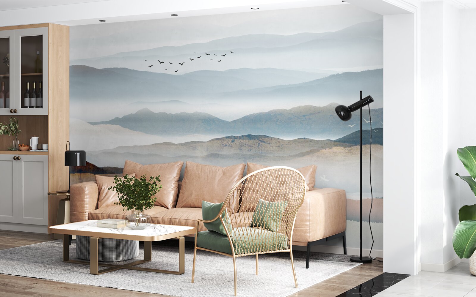 Fototapeta ptaki przelatują nad lasem spowitym poranną mgłą