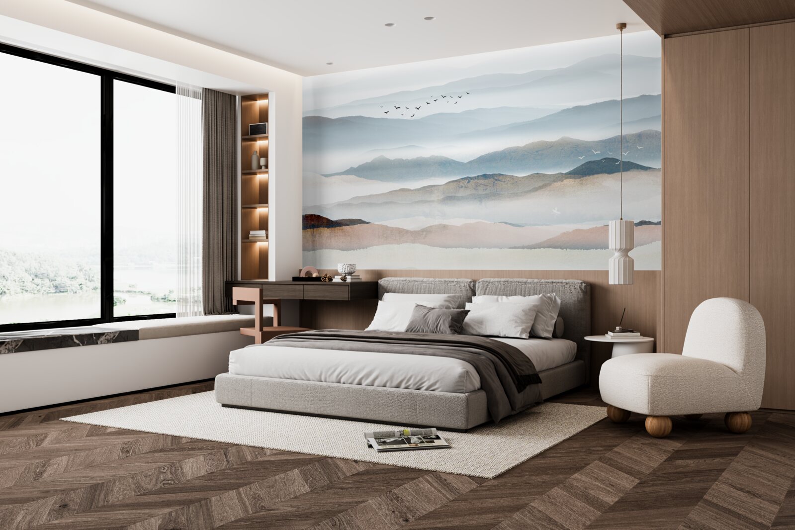 Fototapeta ptaki przelatują nad lasem spowitym poranną mgłą