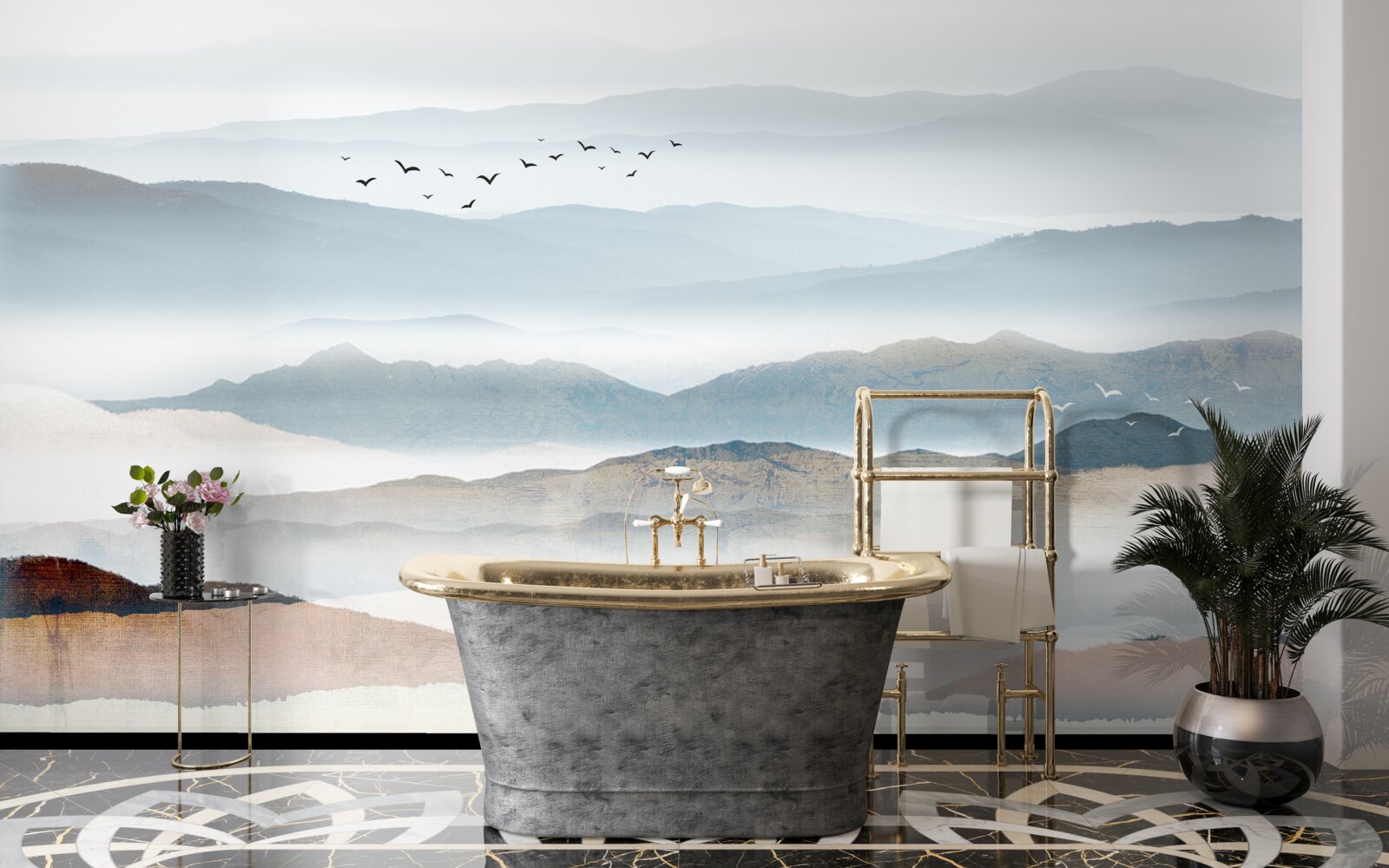 Fototapeta ptaki przelatują nad lasem spowitym poranną mgłą