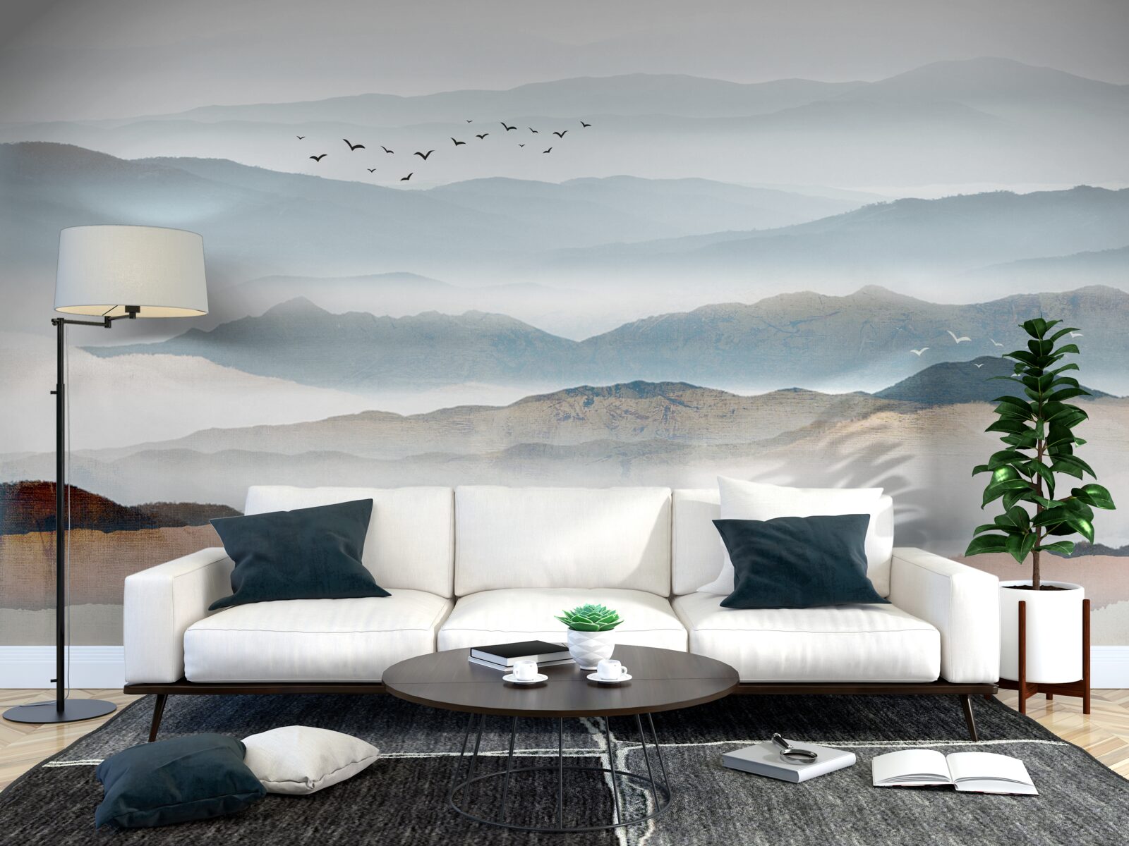 Fototapeta ptaki przelatują nad lasem spowitym poranną mgłą