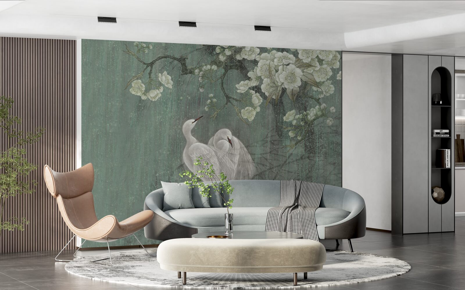 Fototapeta pod drzewem w pełnym rozkwicie pływają łabędzie