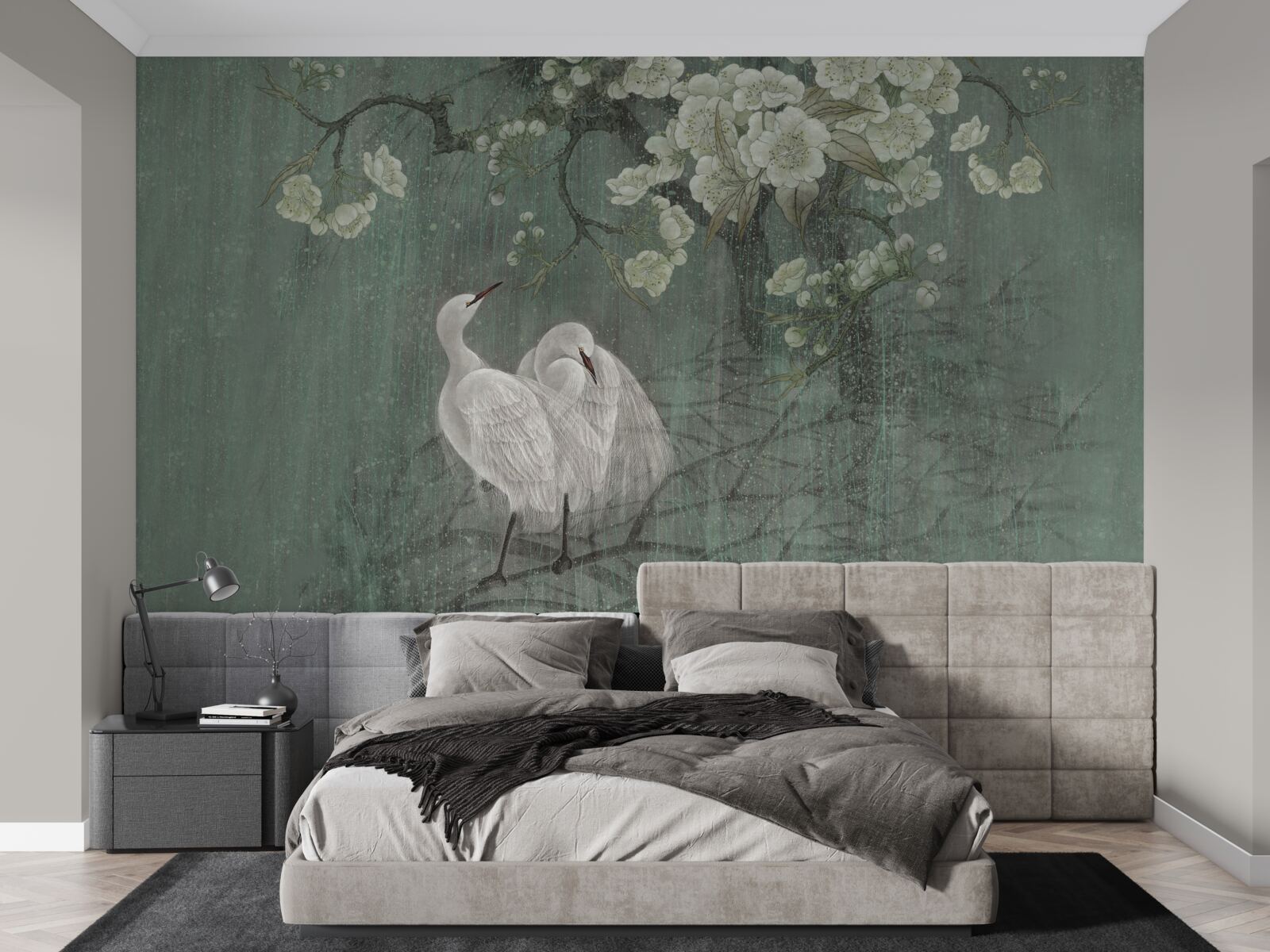 Fototapeta pod drzewem w pełnym rozkwicie pływają łabędzie