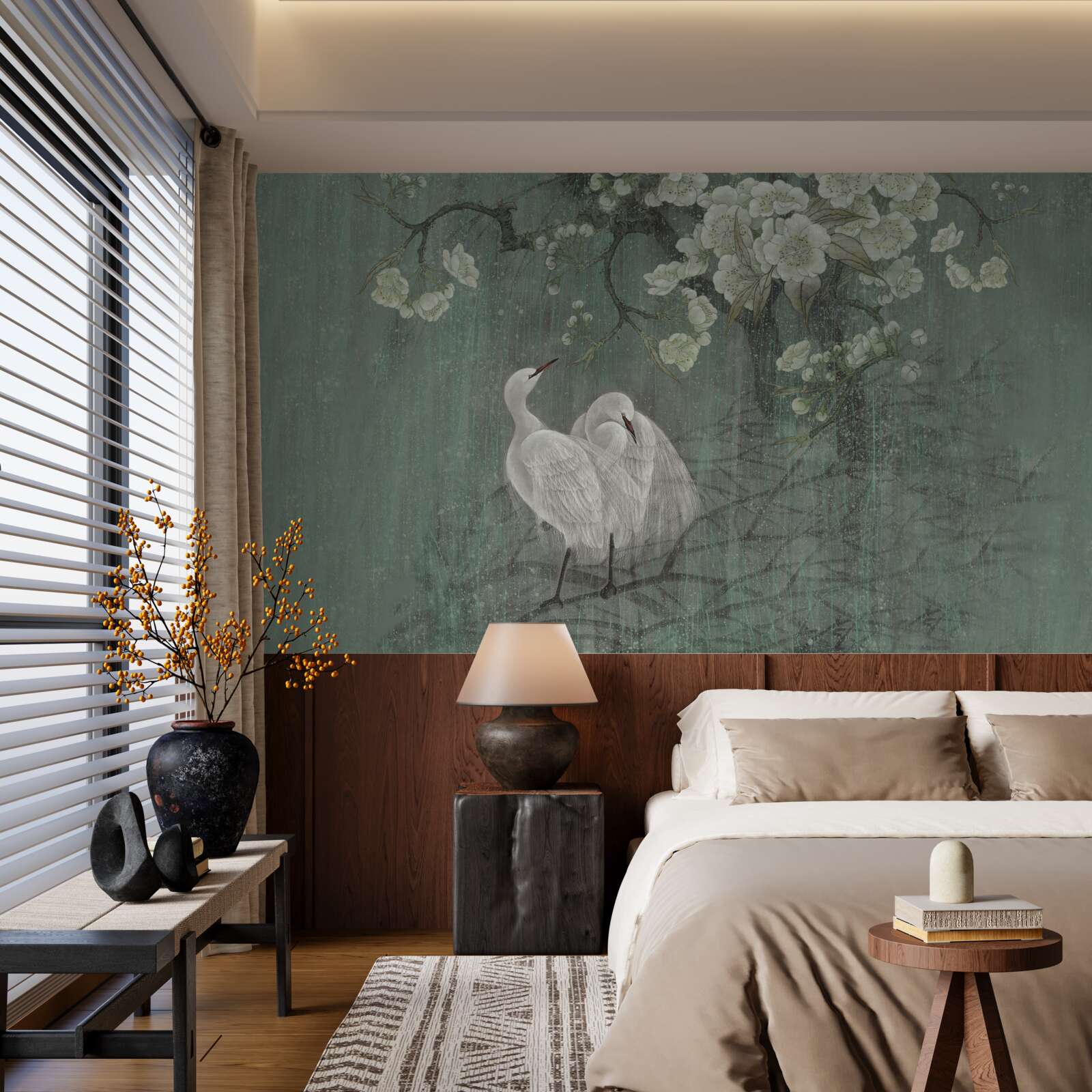 Fototapeta pod drzewem w pełnym rozkwicie pływają łabędzie