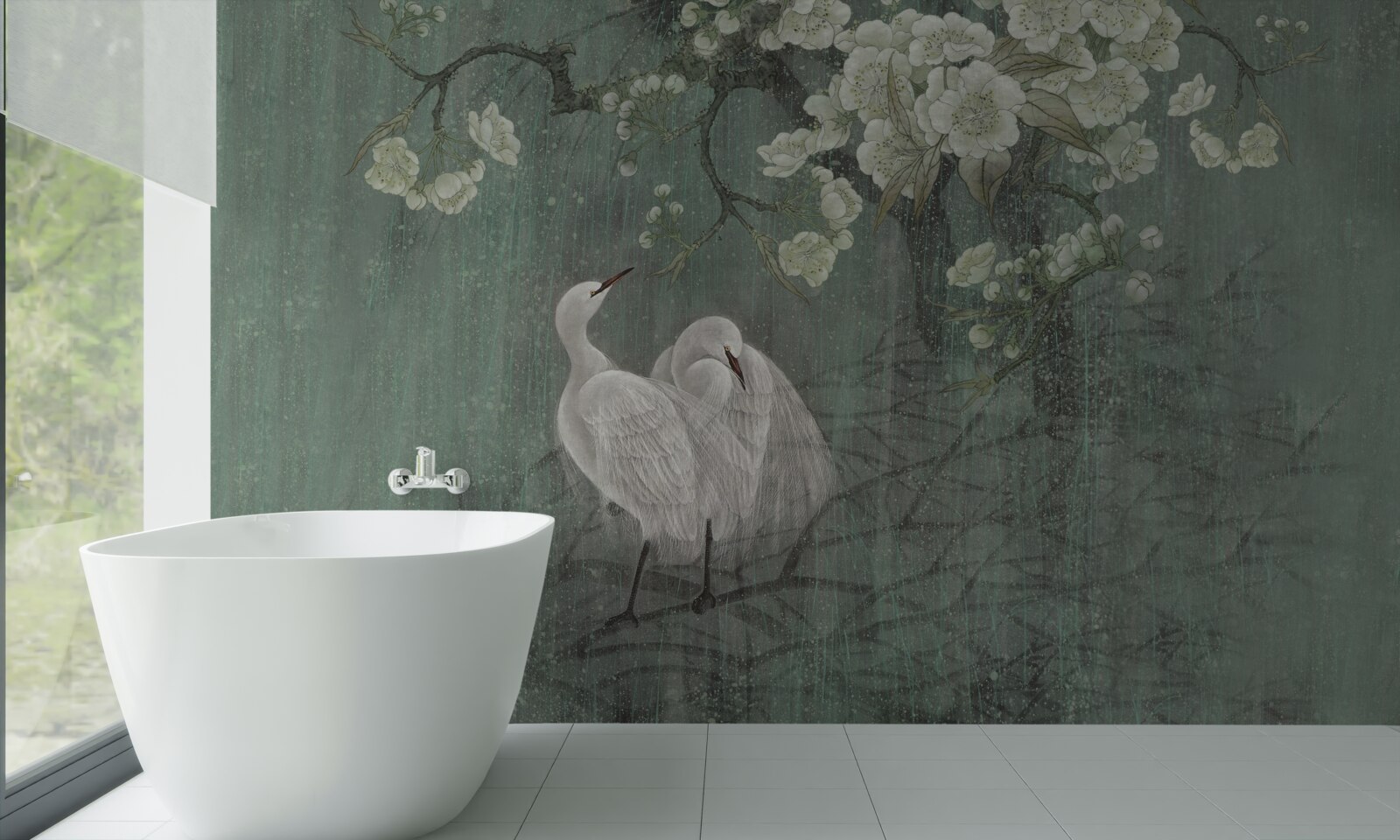 Fototapeta pod drzewem w pełnym rozkwicie pływają łabędzie