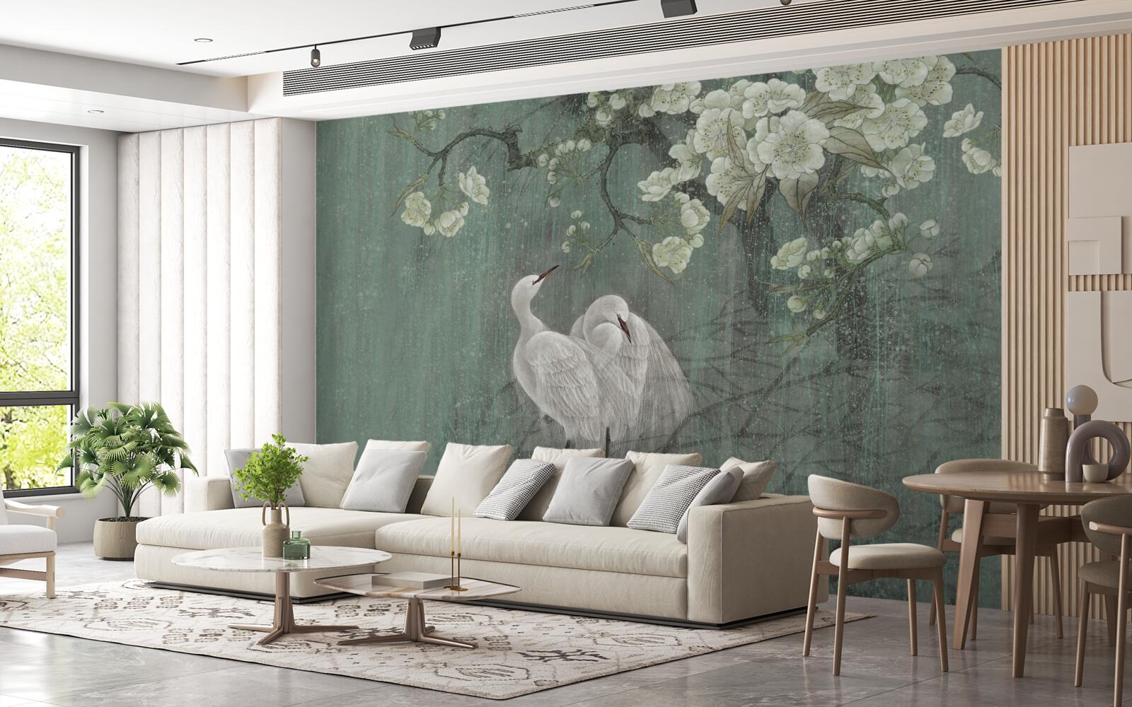 Fototapeta pod drzewem w pełnym rozkwicie pływają łabędzie