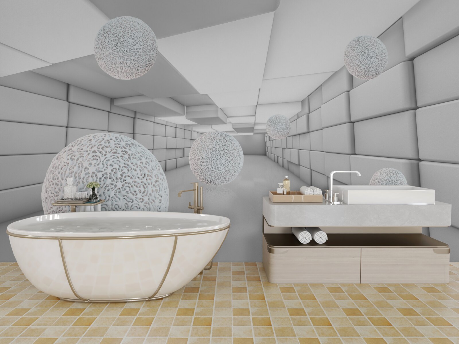 Fototapeta prostokątne tunele wypełnione są przezroczystymi kulami