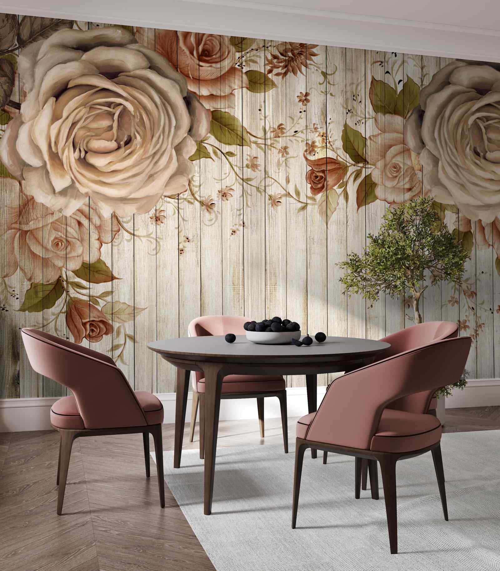 Fototapeta Świeże róże w delikatnych kremowych odcieniach na jasnym parkiecie