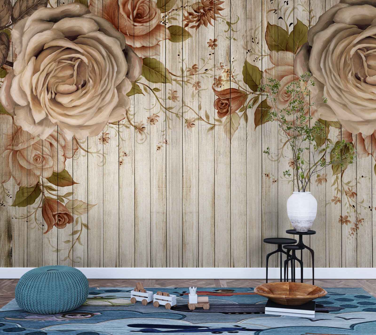 Fototapeta Świeże róże w delikatnych kremowych odcieniach na jasnym parkiecie