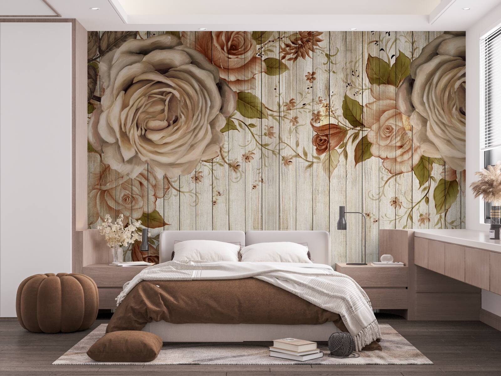 Fototapeta Świeże róże w delikatnych kremowych odcieniach na jasnym parkiecie