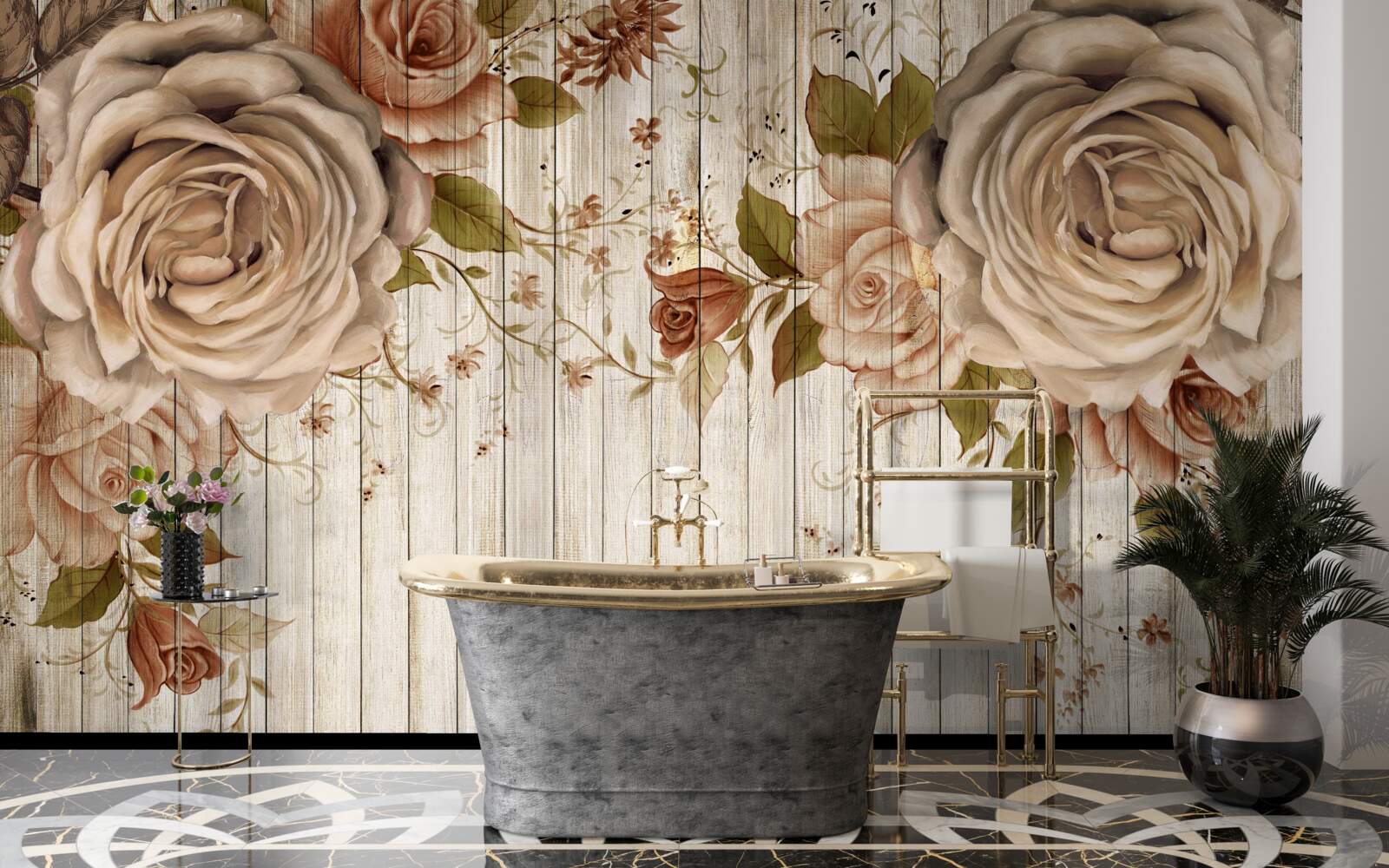 Fototapeta Świeże róże w delikatnych kremowych odcieniach na jasnym parkiecie