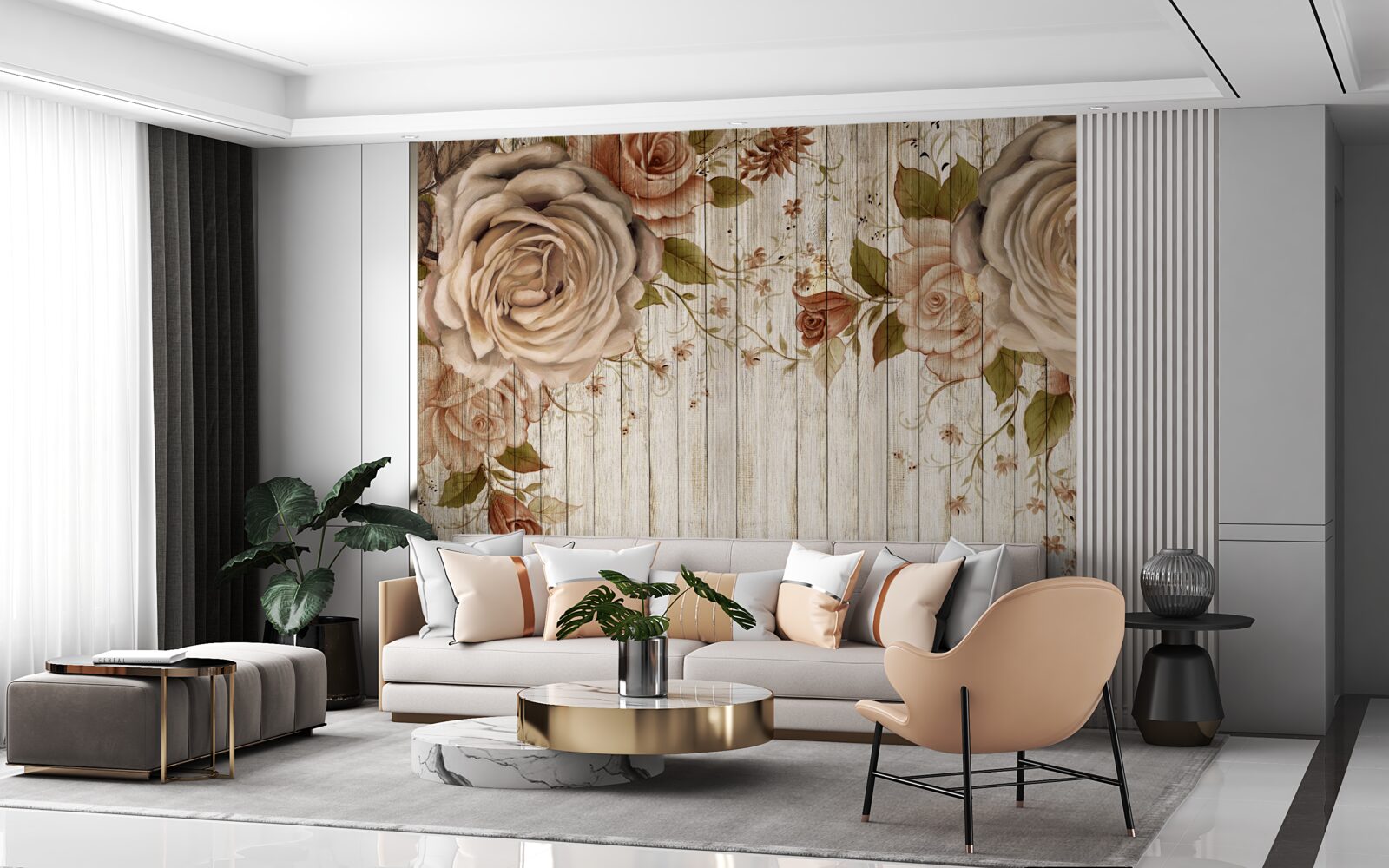 Fototapeta Świeże róże w delikatnych kremowych odcieniach na jasnym parkiecie