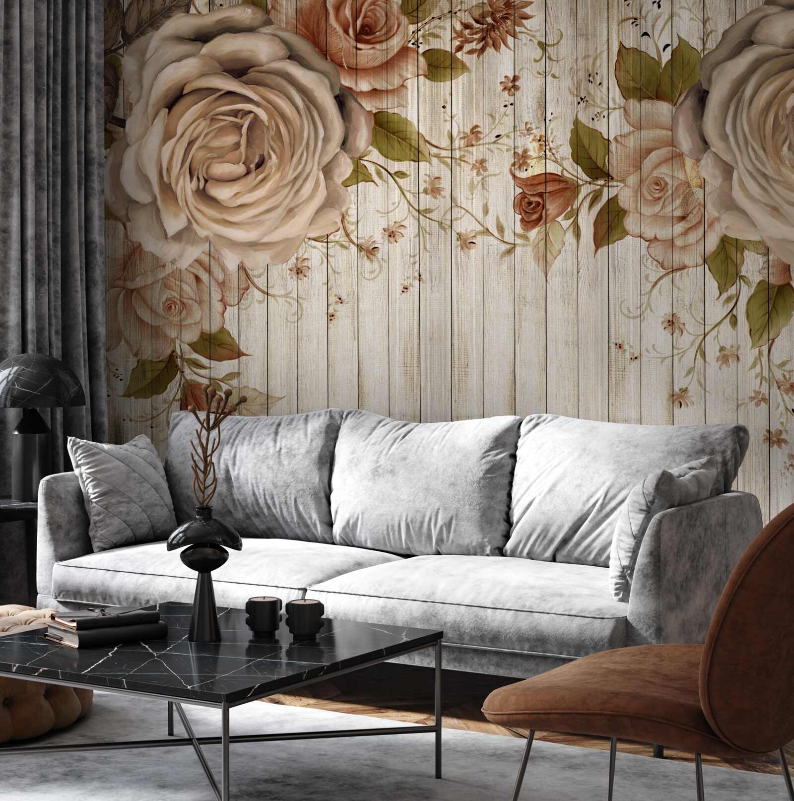 Fototapeta Świeże róże w delikatnych kremowych odcieniach na jasnym parkiecie