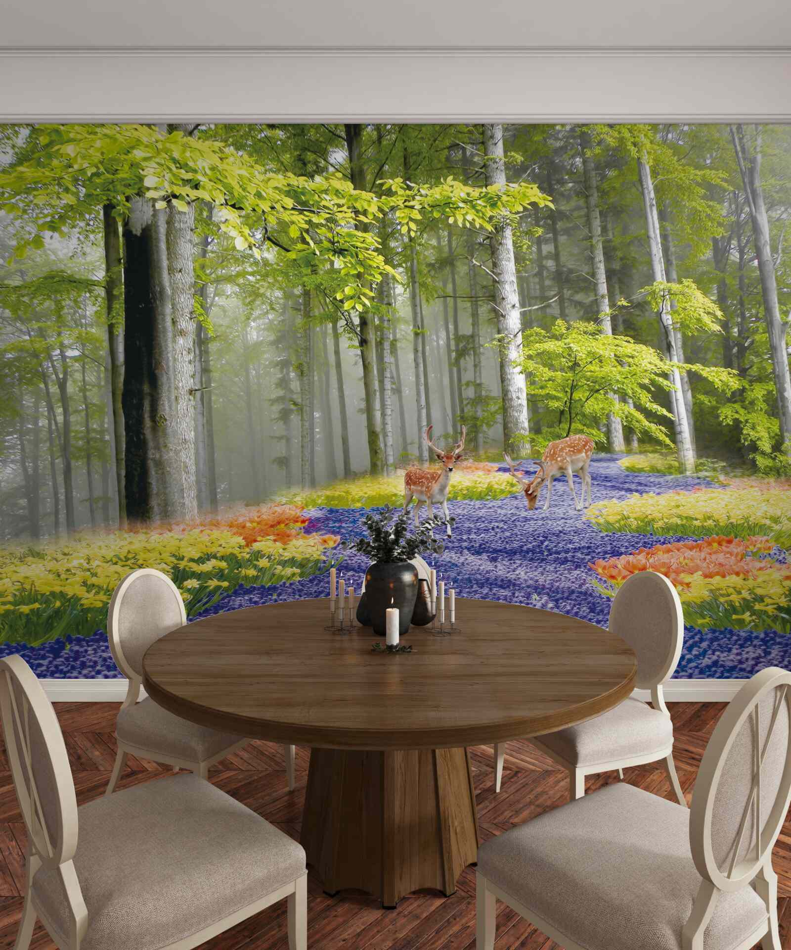 Fototapeta jelenie spacerują po zielonym lesie