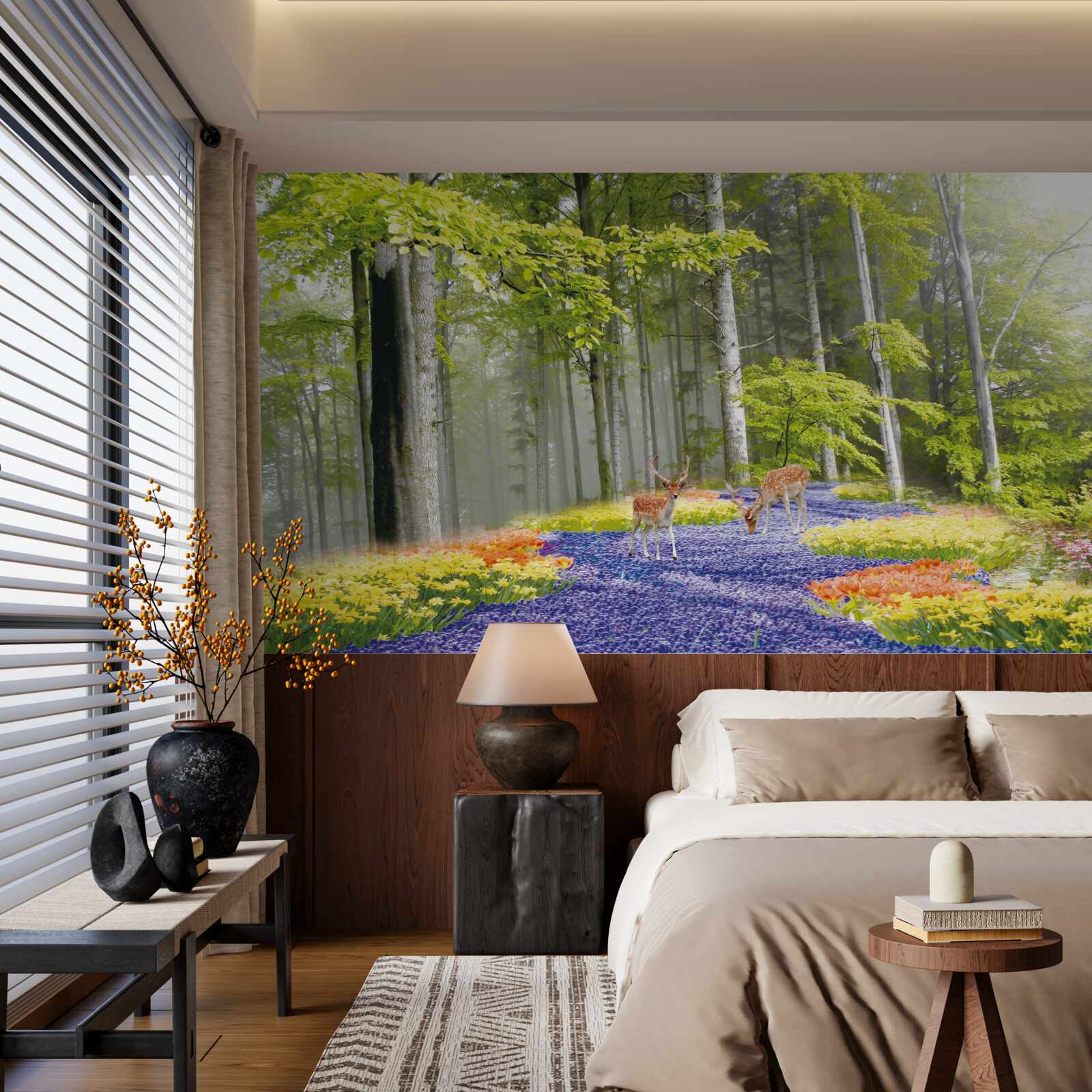 Fototapeta jelenie spacerują po zielonym lesie