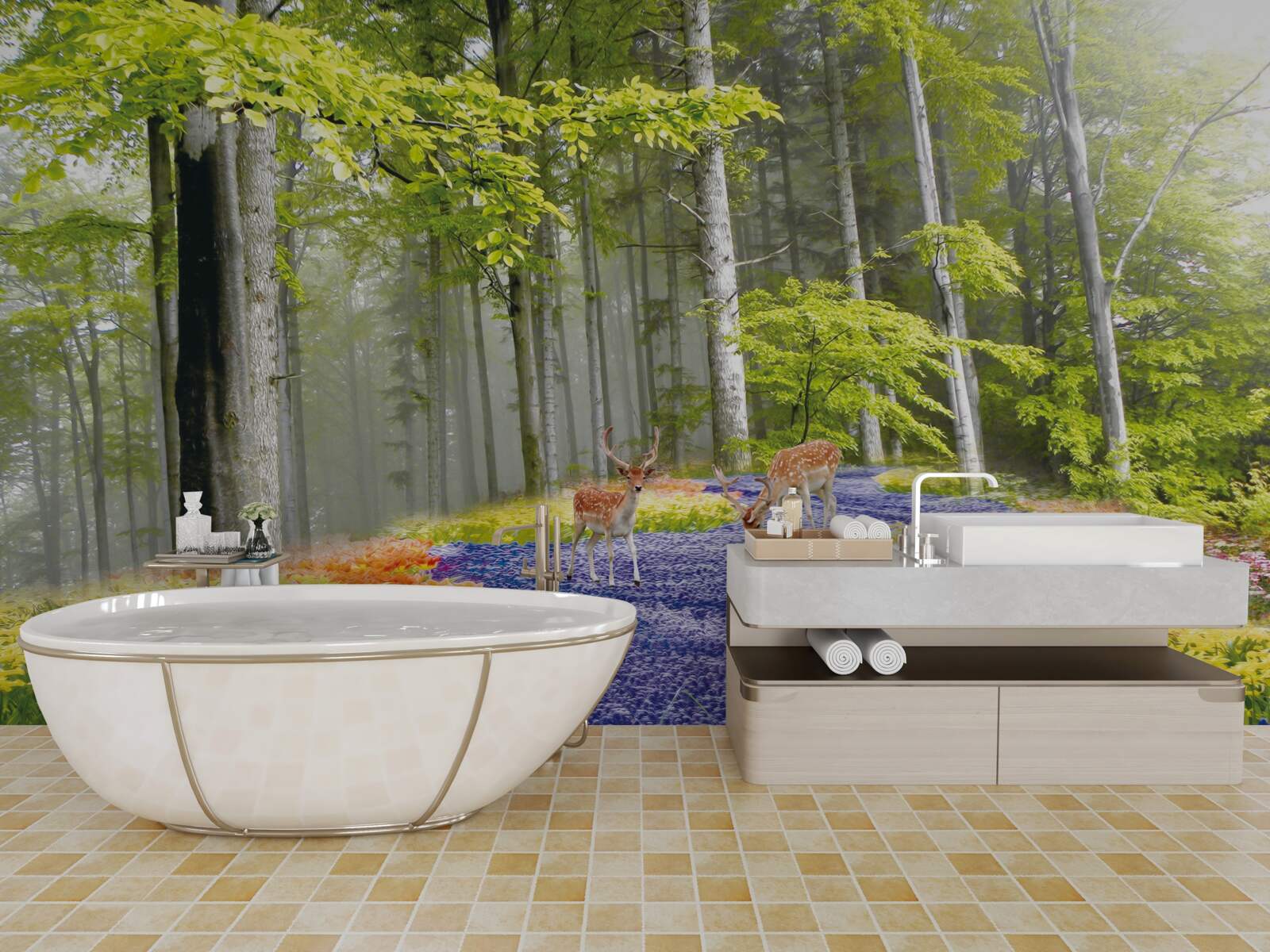 Fototapeta jelenie spacerują po zielonym lesie