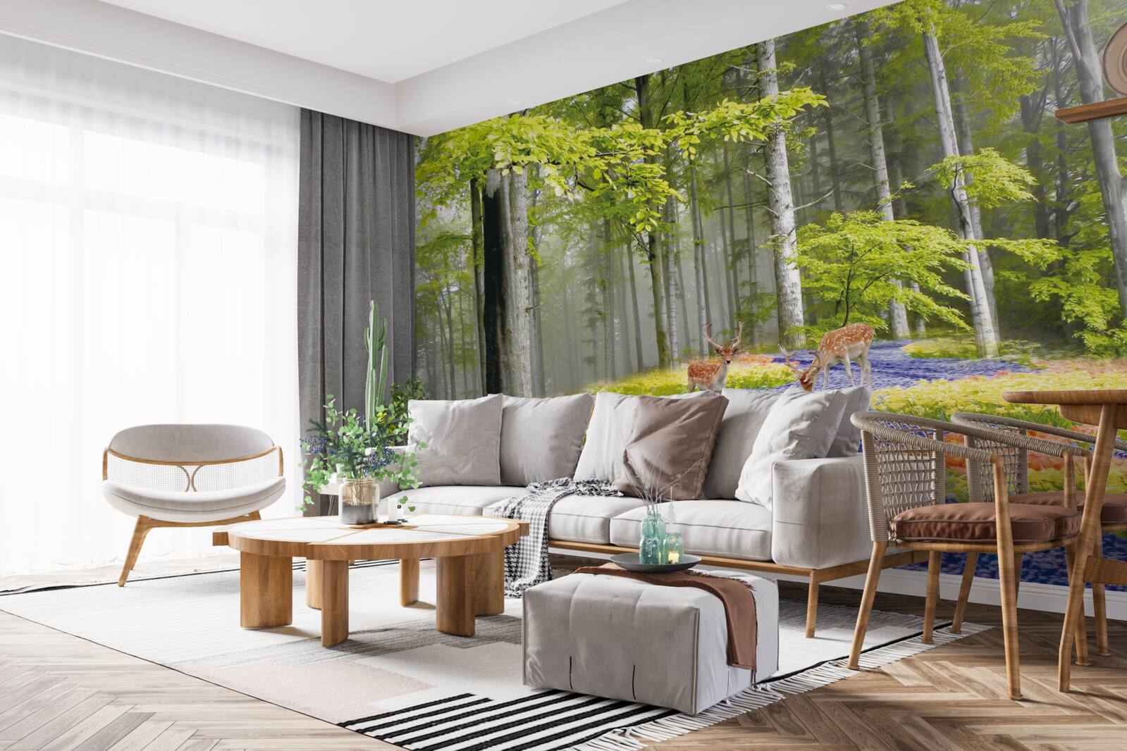 Fototapeta jelenie spacerują po zielonym lesie