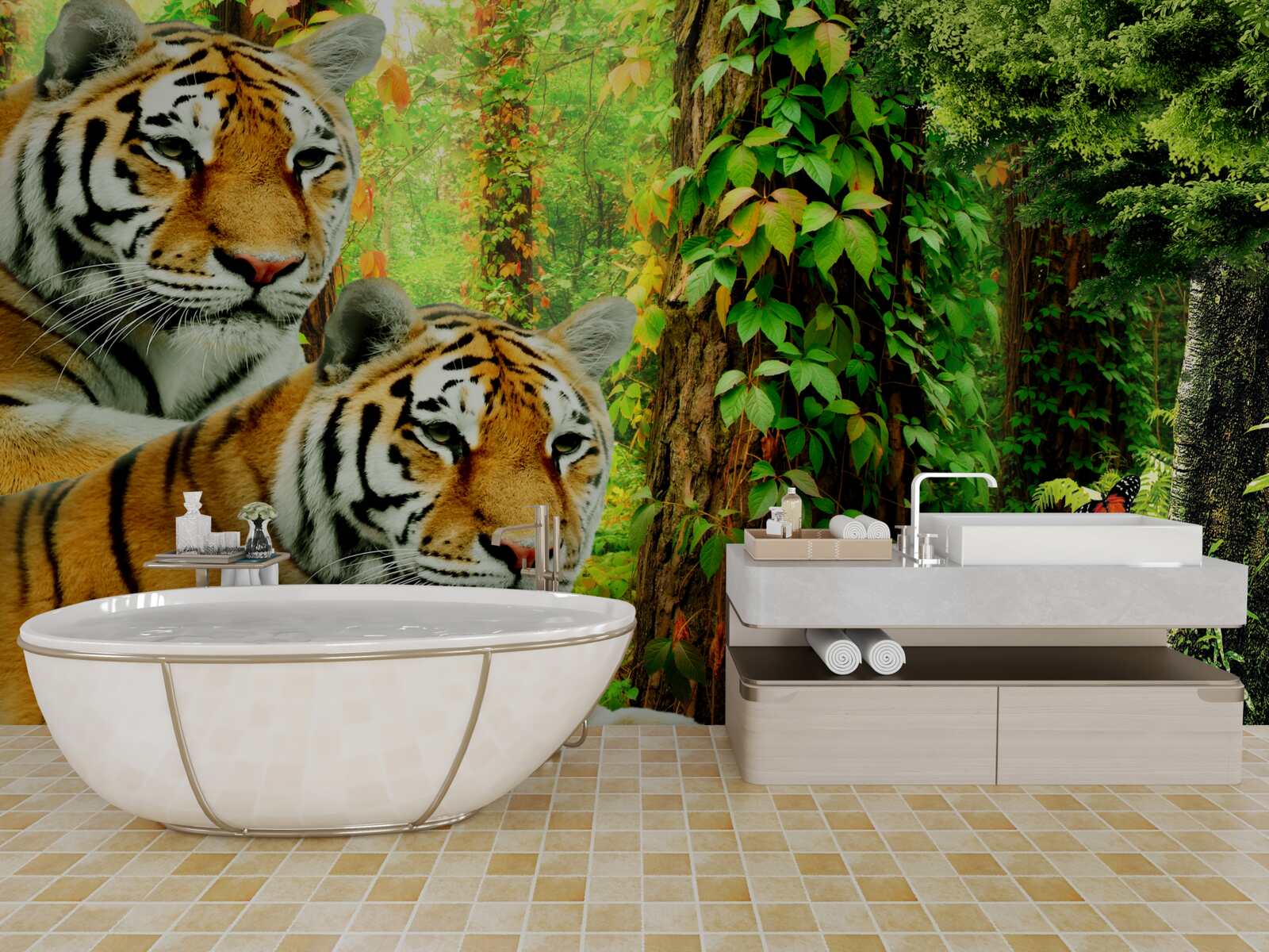 Fototapeta rodzina tygrysów w zielonej gęstwinie lasu