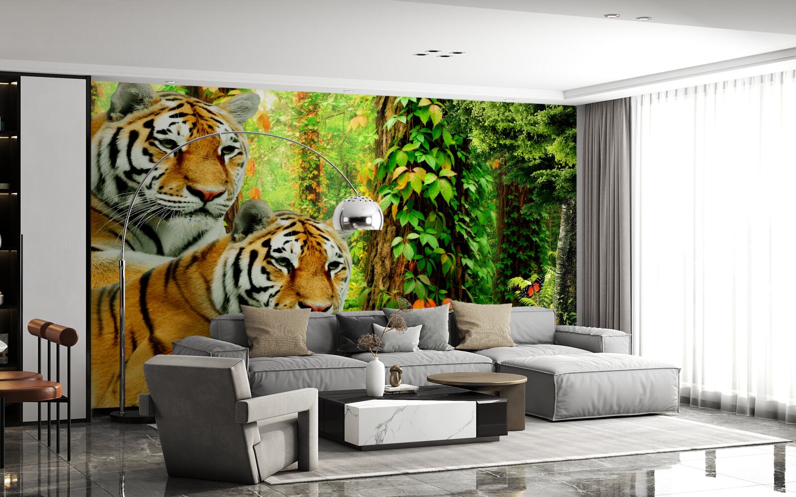 Fototapeta rodzina tygrysów w zielonej gęstwinie lasu