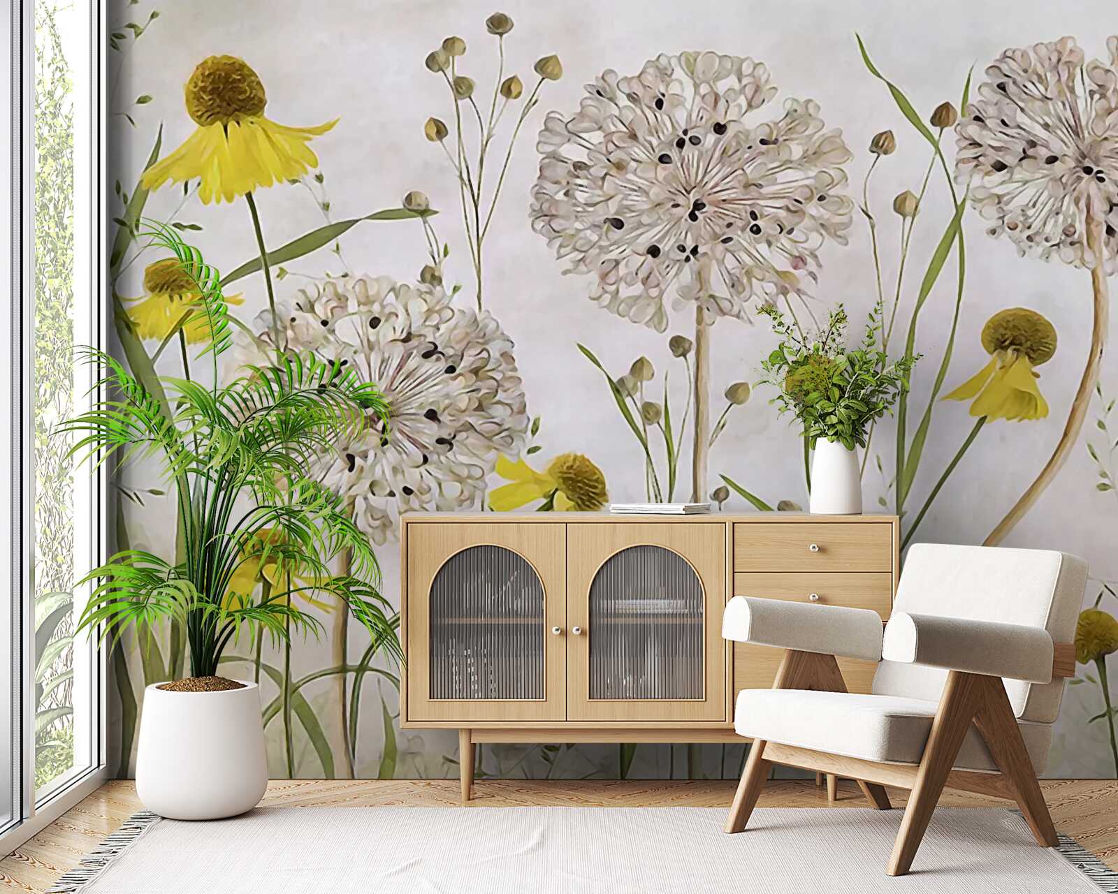 Fototapeta kwiaty mniszka lekarskiego na łące i żółtej florze