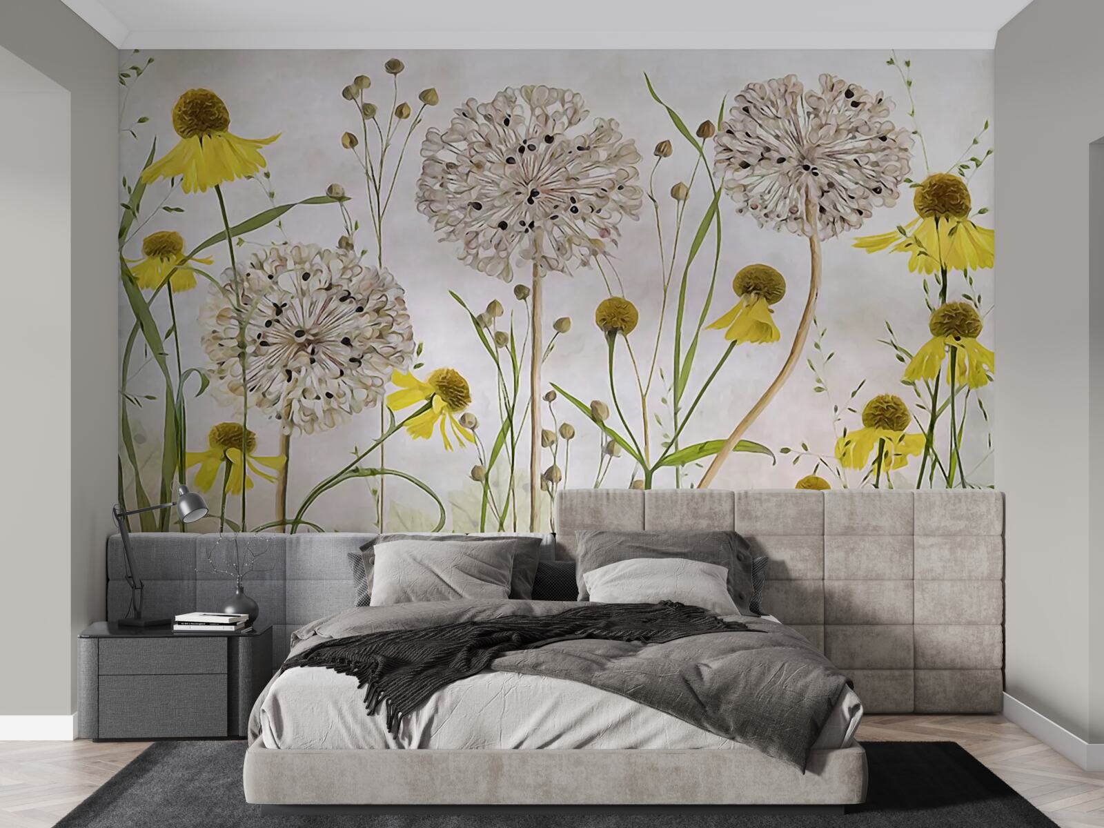 Fototapeta kwiaty mniszka lekarskiego na łące i żółtej florze