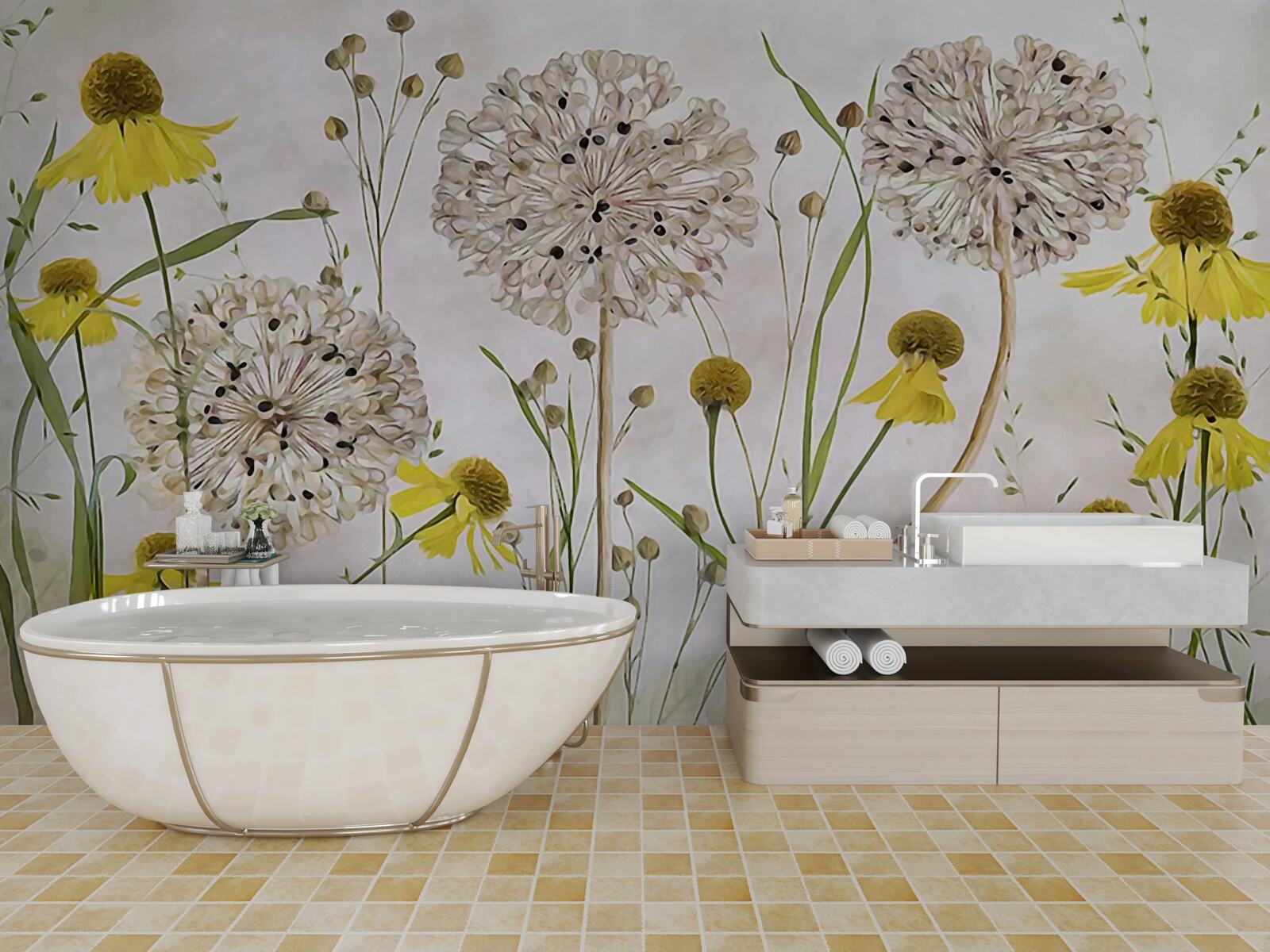 Fototapeta kwiaty mniszka lekarskiego na łące i żółtej florze