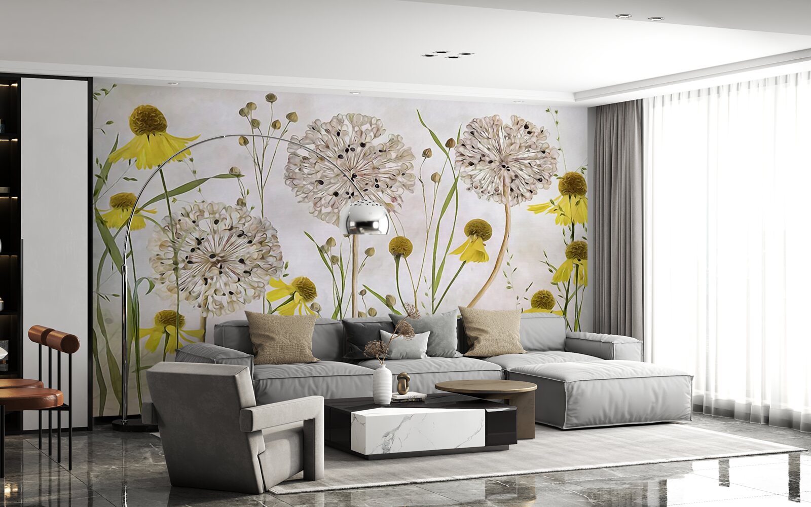 Fototapeta kwiaty mniszka lekarskiego na łące i żółtej florze