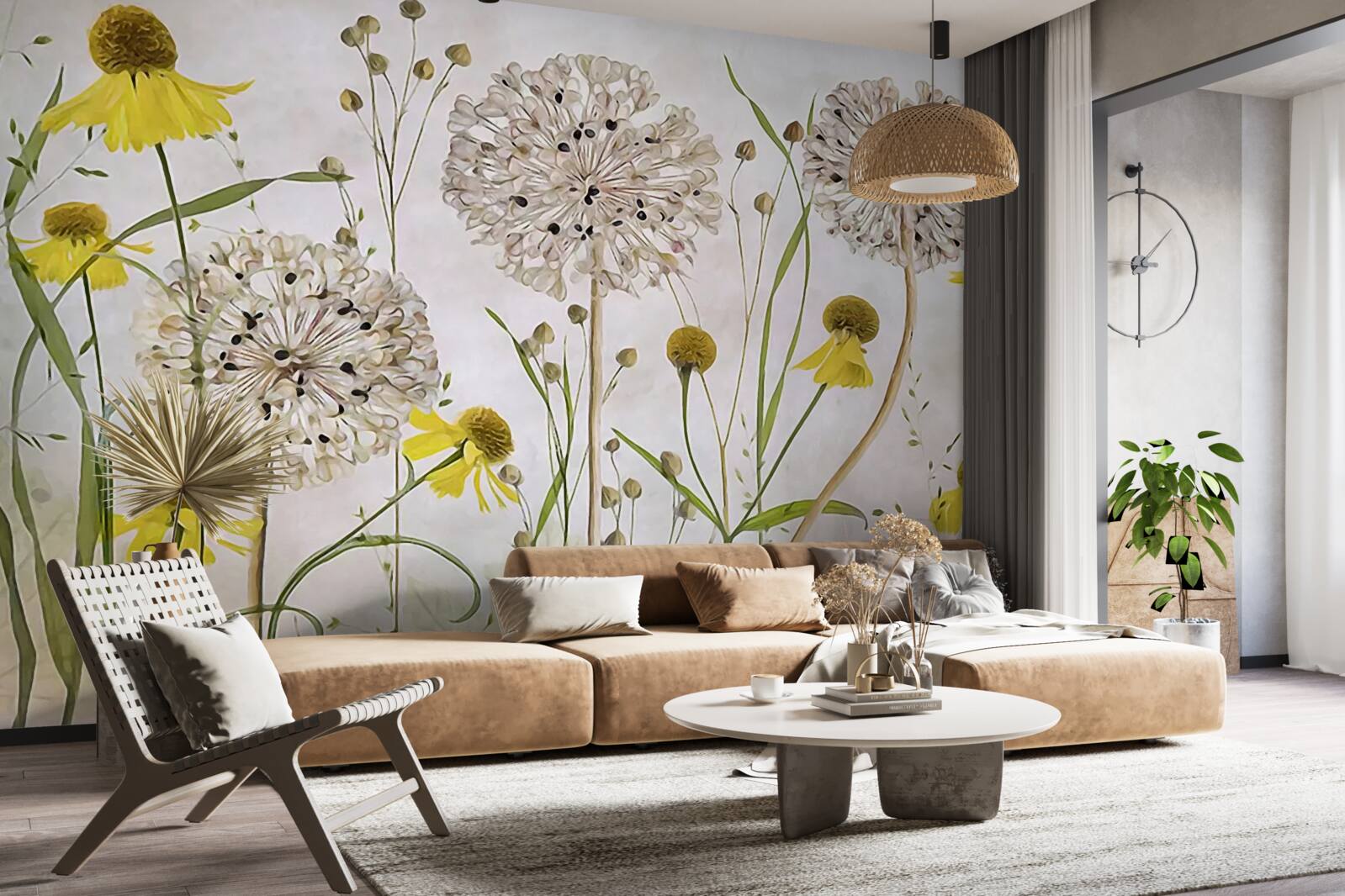 Fototapeta kwiaty mniszka lekarskiego na łące i żółtej florze