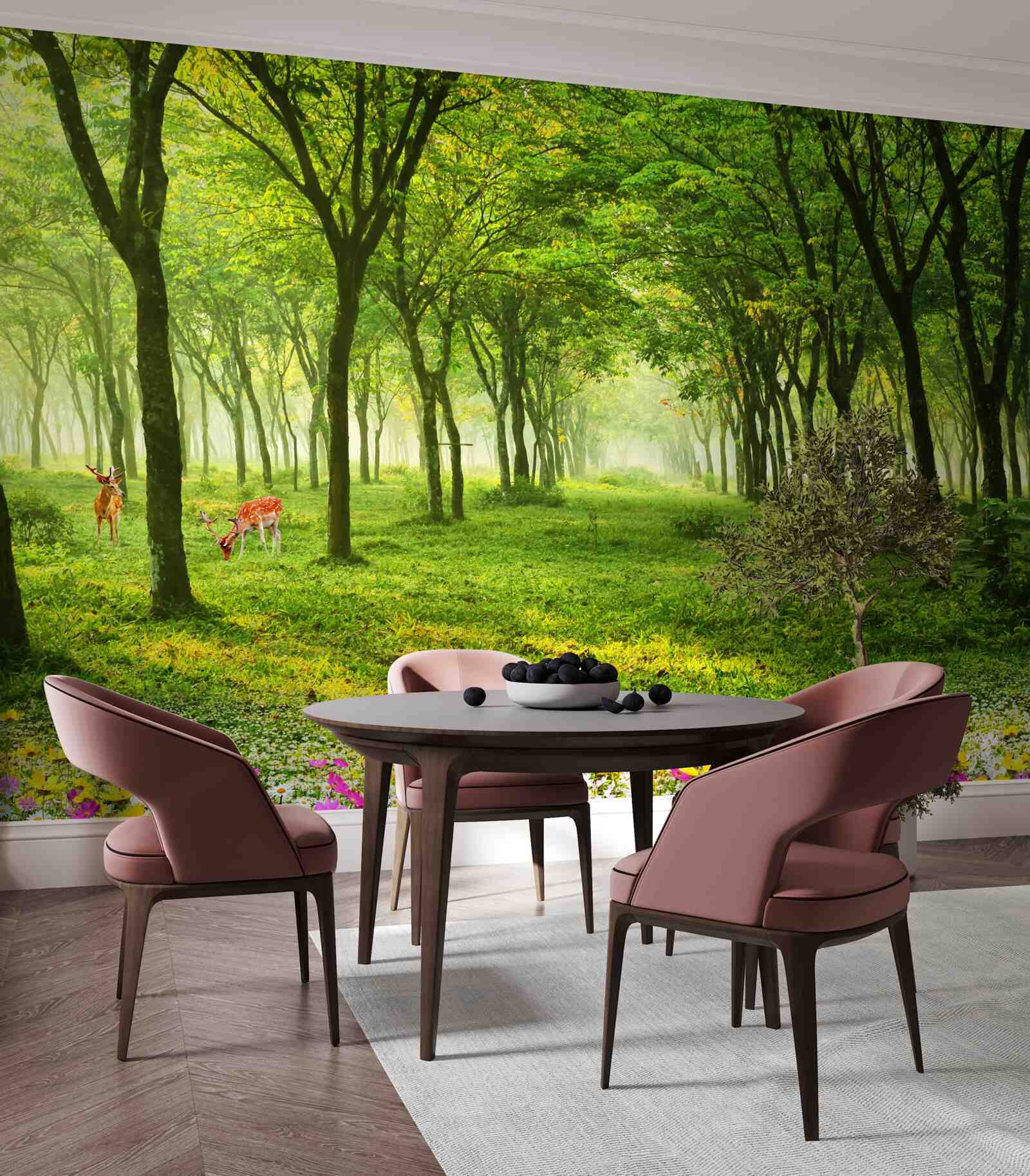 Fototapeta oszałamiający widok na las z jeleniami na zielonym tle