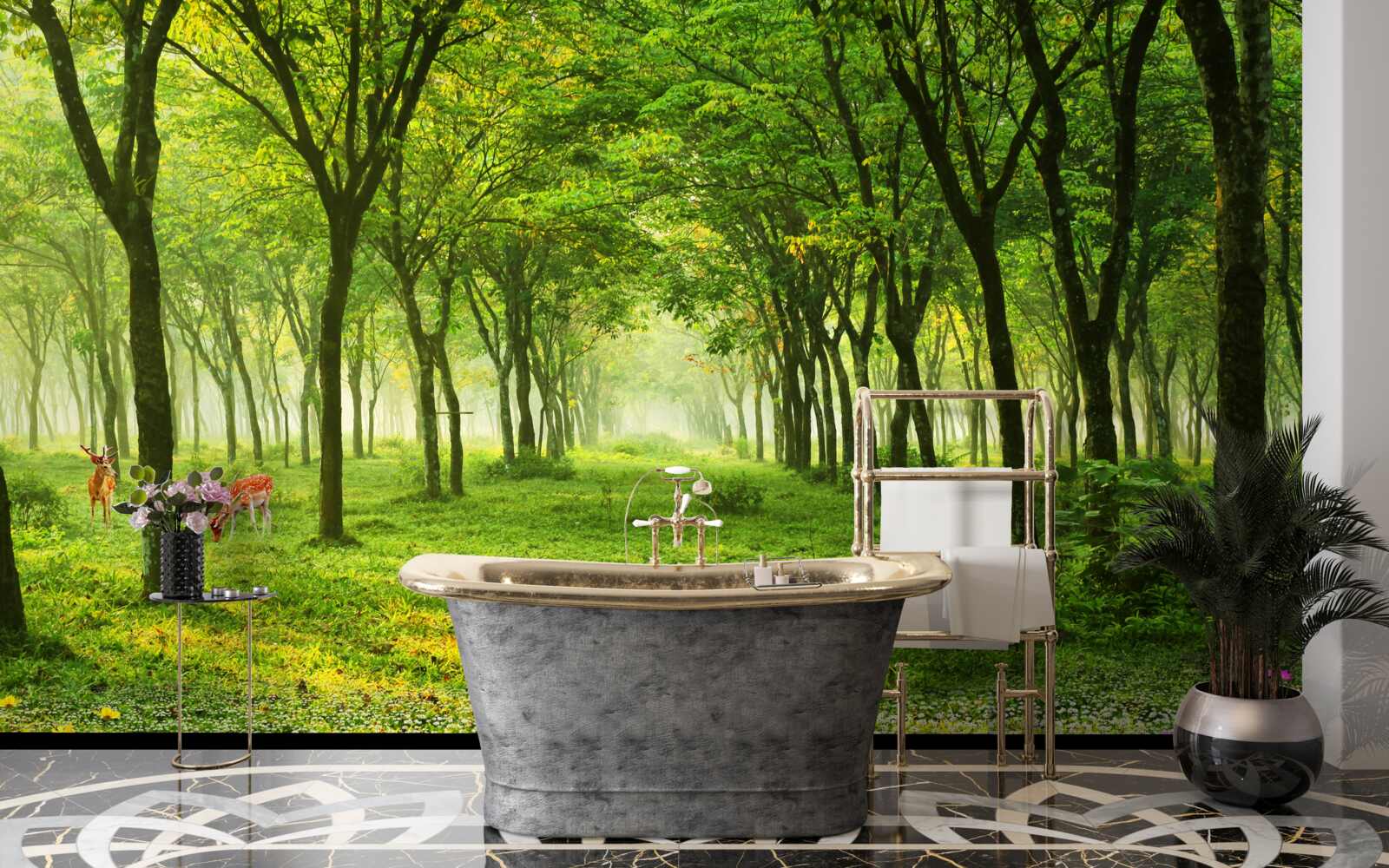 Fototapeta oszałamiający widok na las z jeleniami na zielonym tle