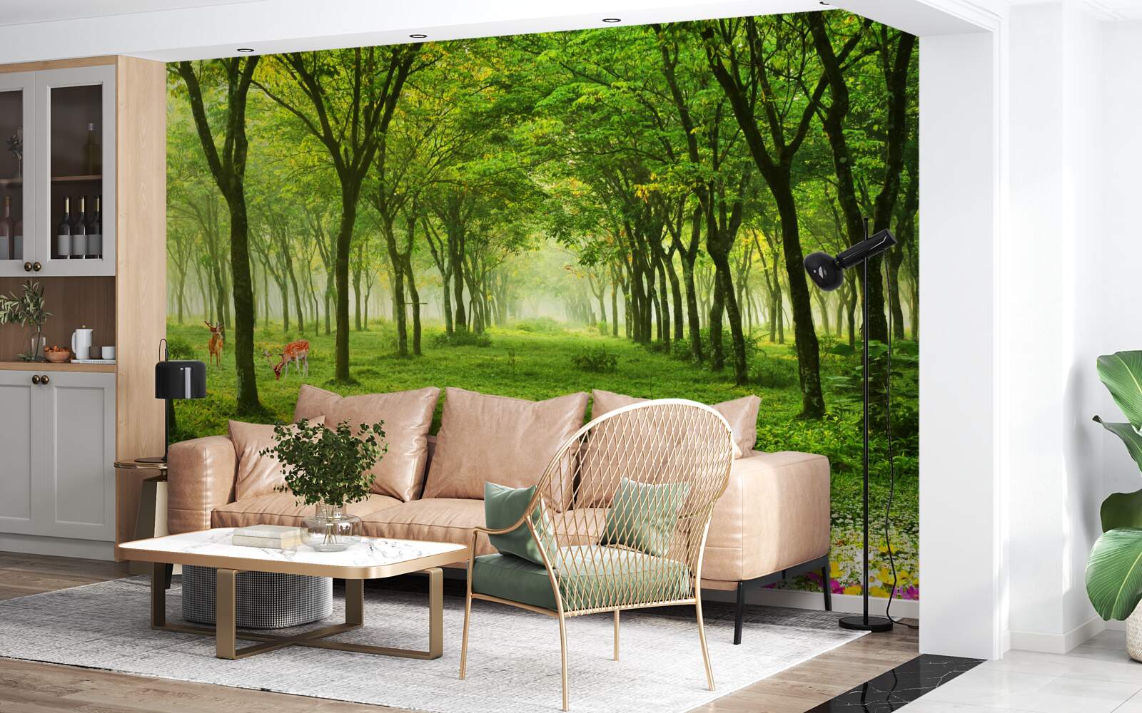 Fototapeta oszałamiający widok na las z jeleniami na zielonym tle