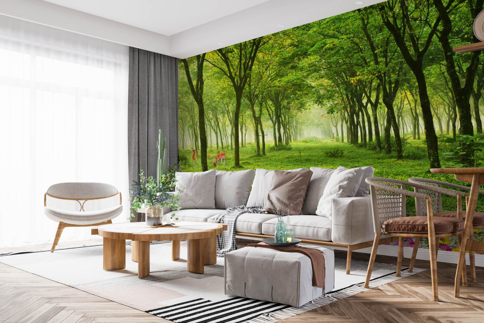 Fototapeta oszałamiający widok na las z jeleniami na zielonym tle