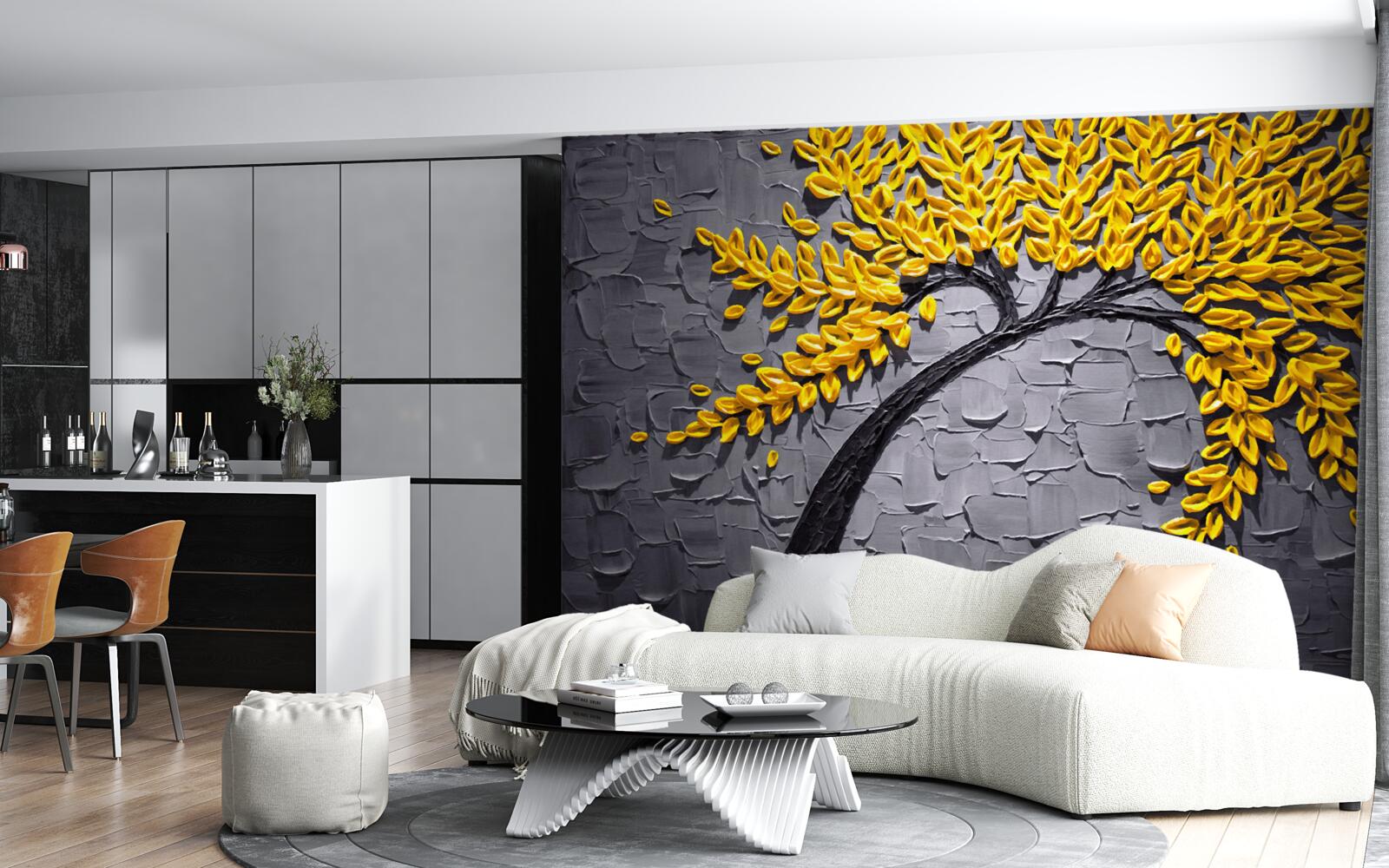 Fototapeta jesienne liście mienią się jasnożółtymi odcieniami