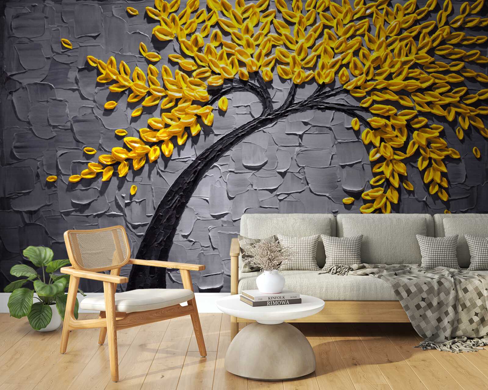 Fototapeta jesienne liście mienią się jasnożółtymi odcieniami