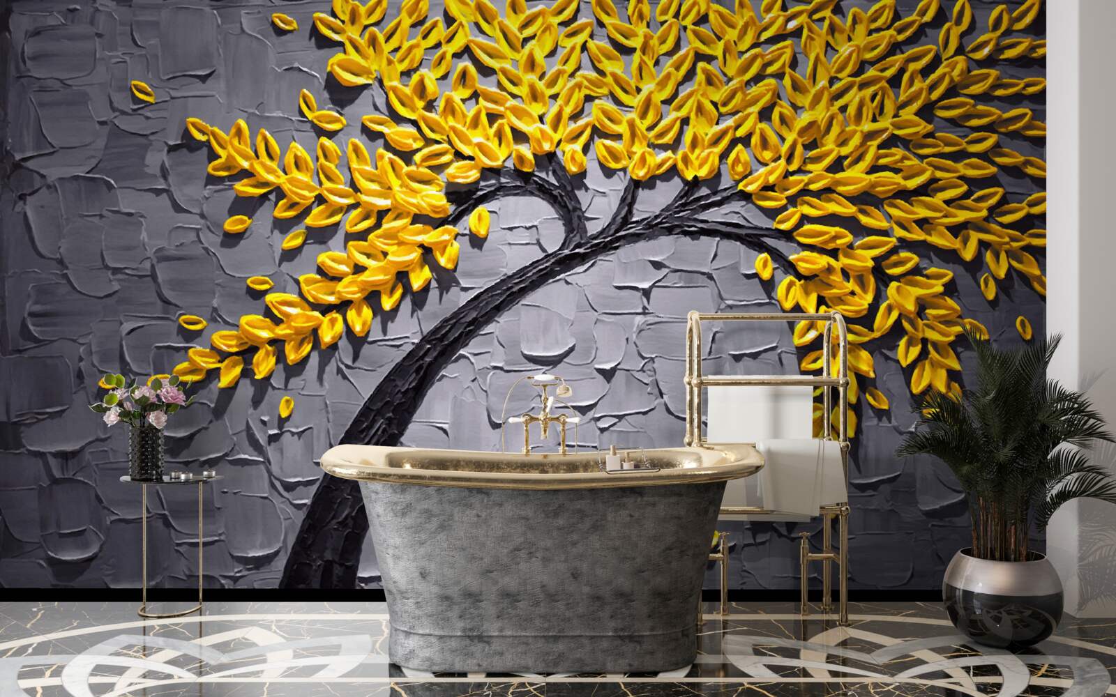 Fototapeta jesienne liście mienią się jasnożółtymi odcieniami