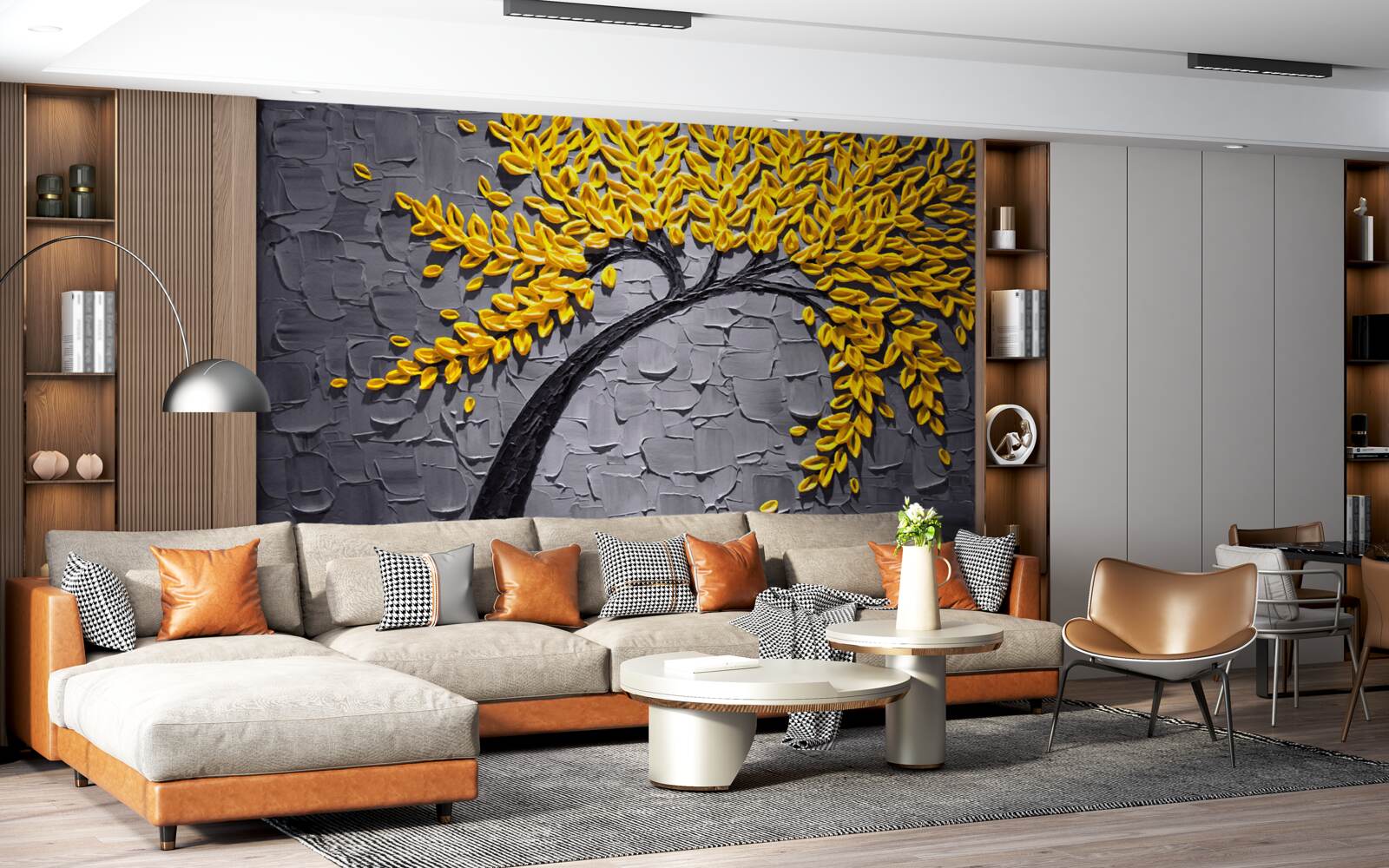 Fototapeta jesienne liście mienią się jasnożółtymi odcieniami