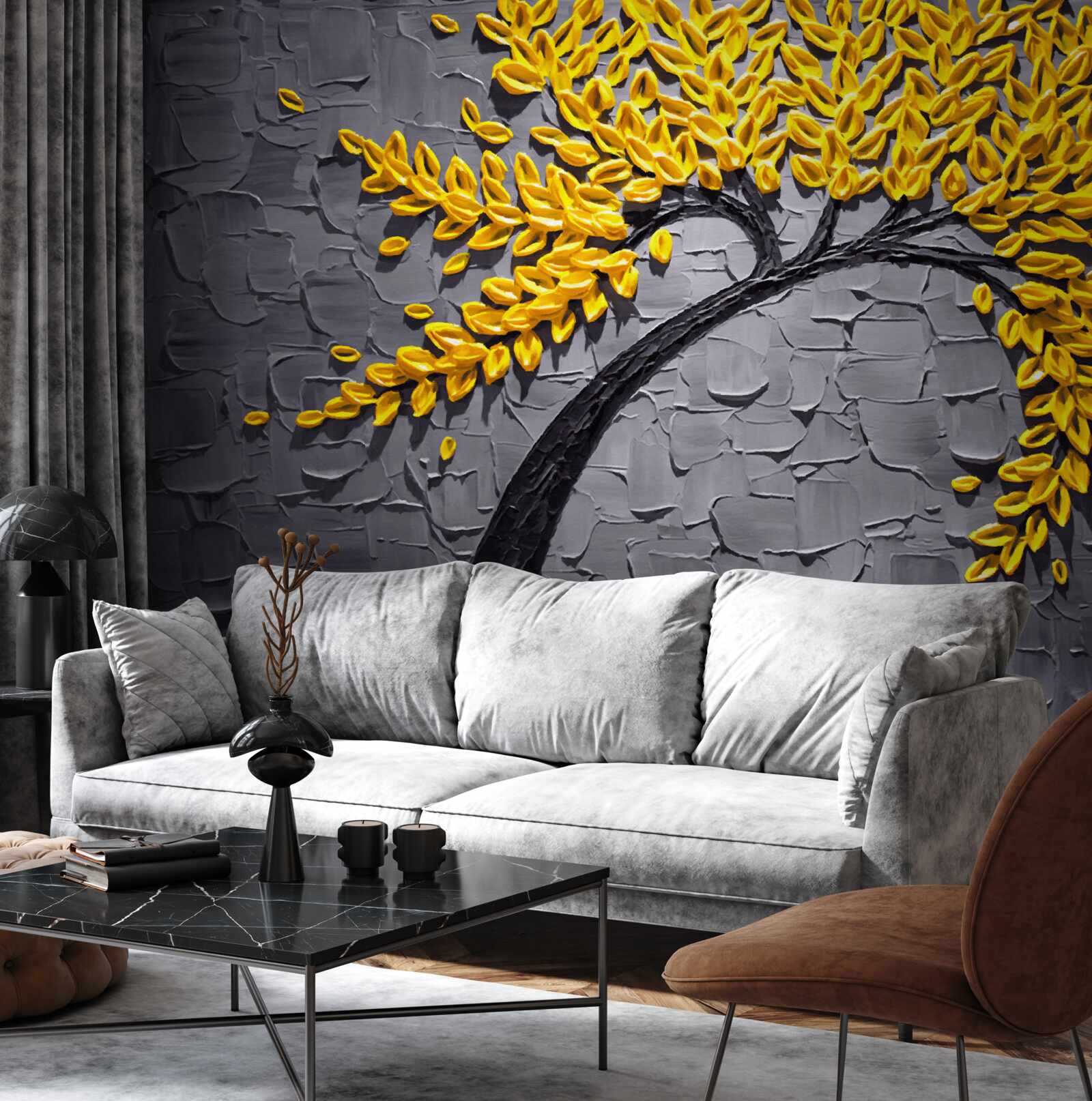 Fototapeta jesienne liście mienią się jasnożółtymi odcieniami