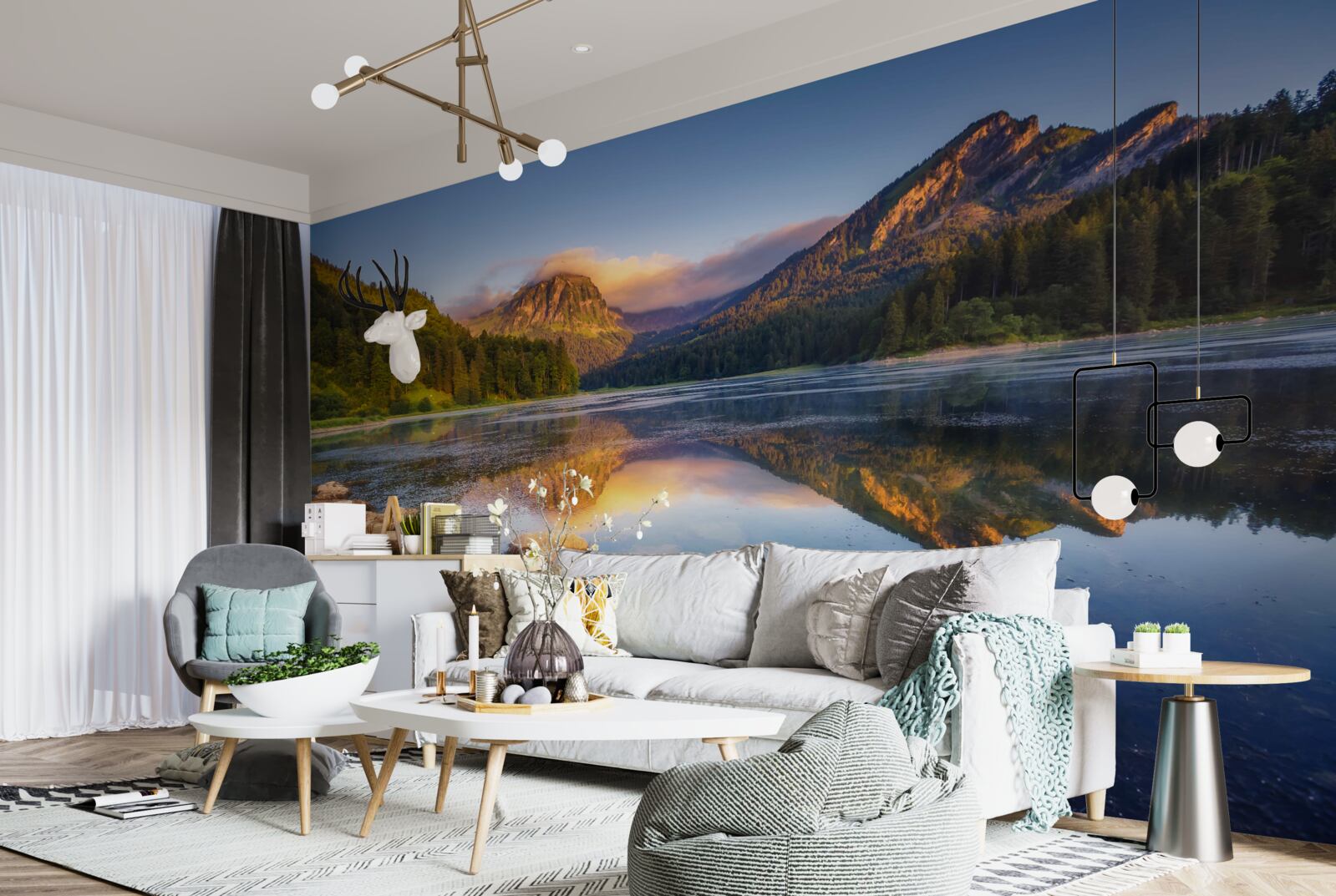 Fototapeta zachód słońca nad spokojnym górskim jeziorem