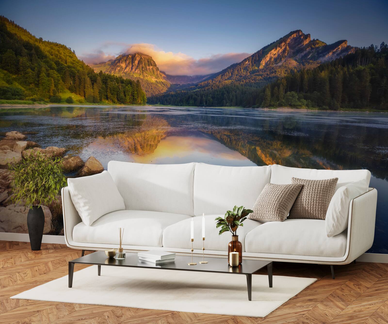 Fototapeta zachód słońca nad spokojnym górskim jeziorem