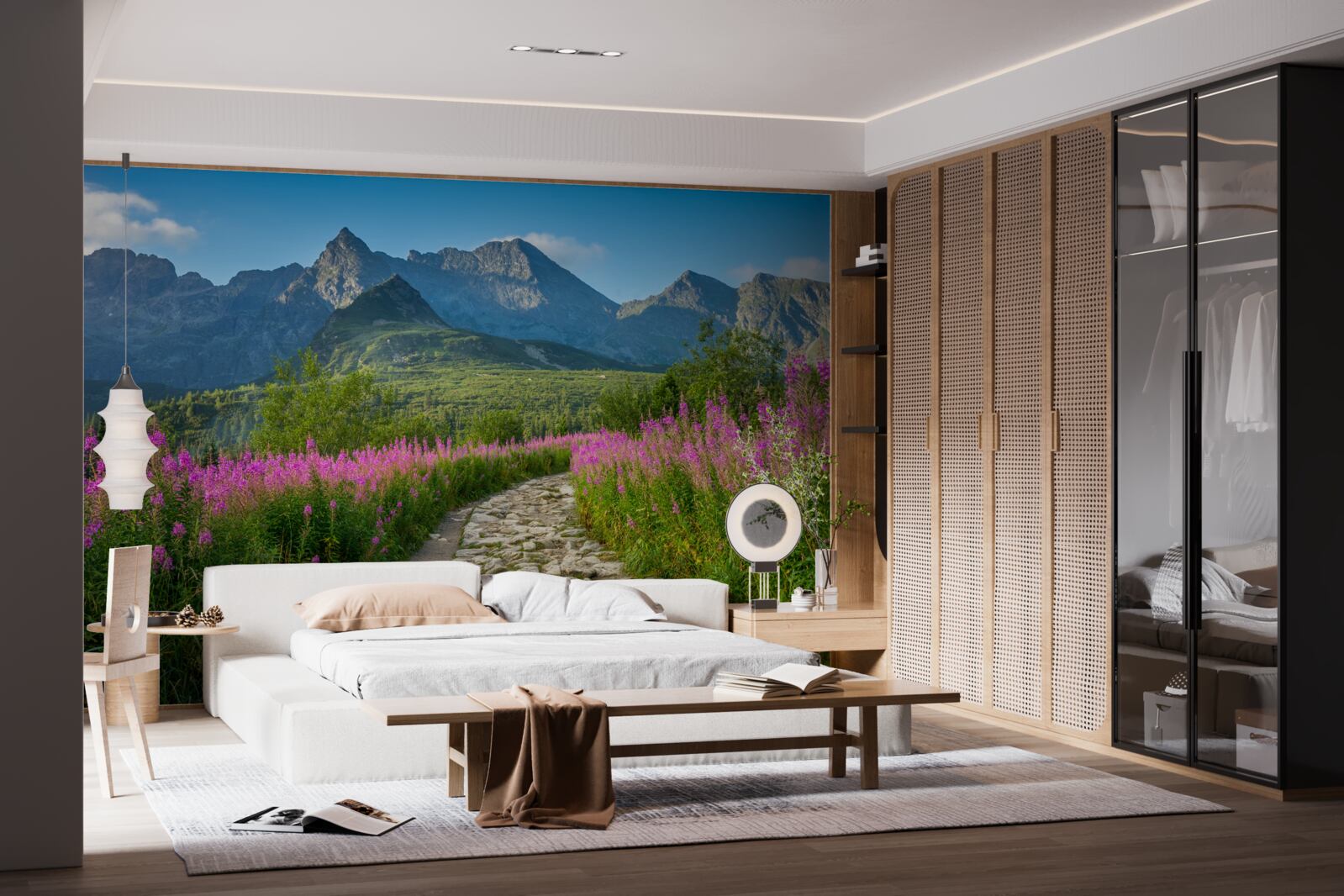 Fototapeta Ścieżka po środku kwitnącego pola na terenie górzystym