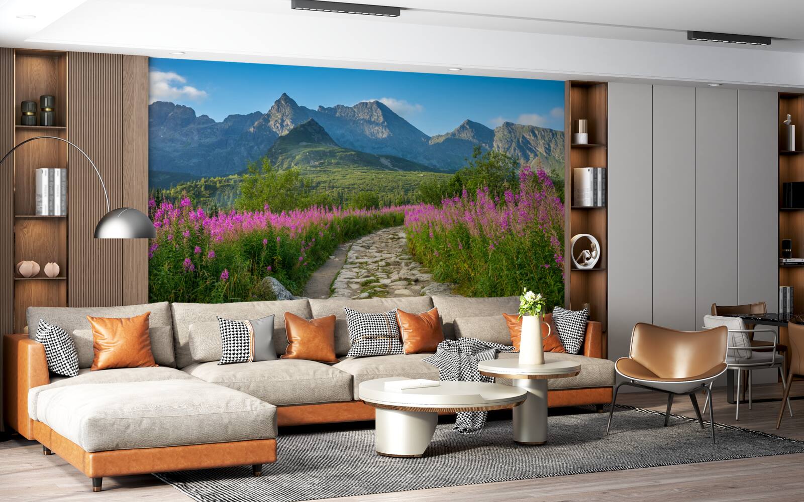 Fototapeta Ścieżka po środku kwitnącego pola na terenie górzystym