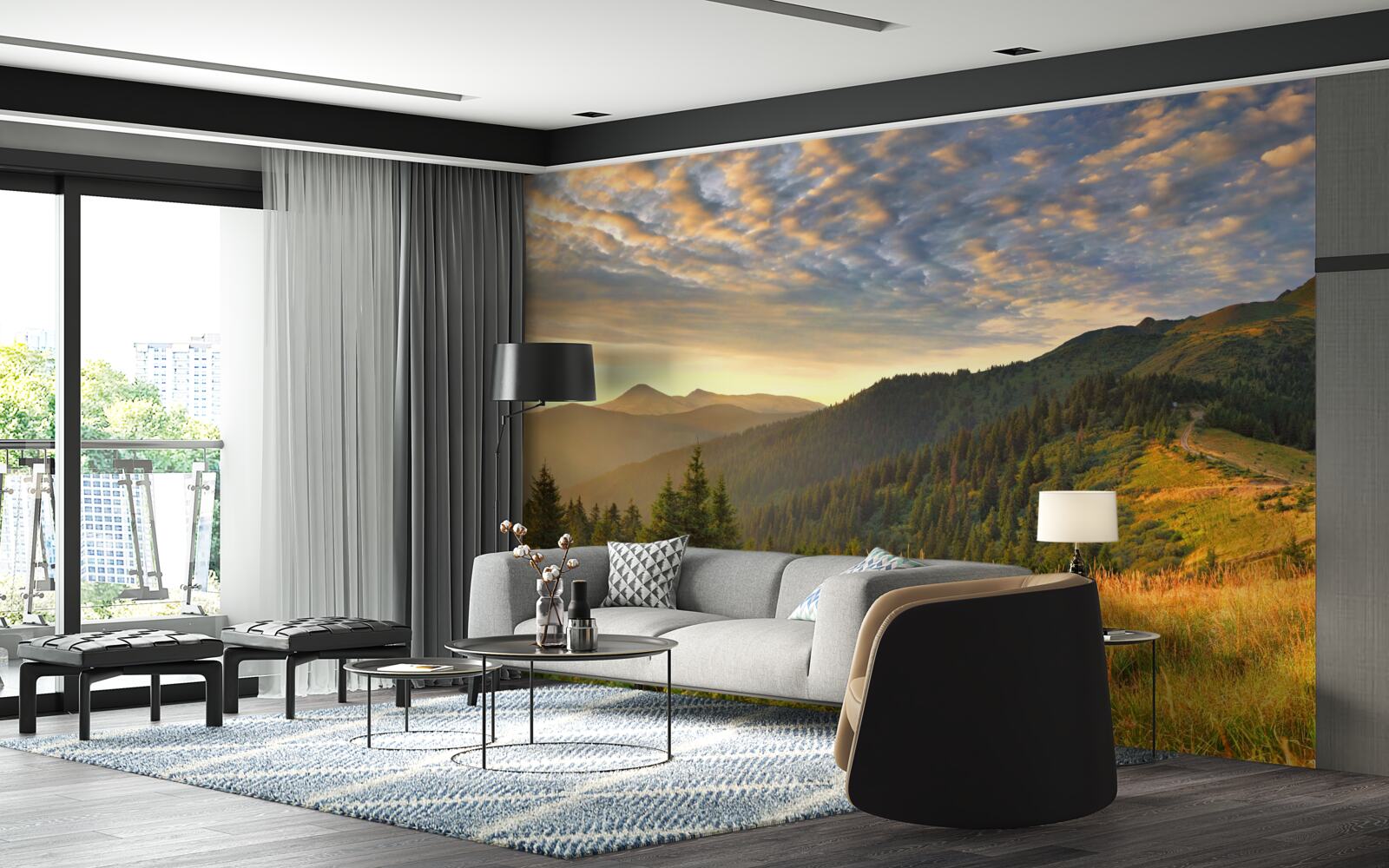 Fototapeta chmury nad górami pomalowane są w ciepłe kolory zachodu słońca