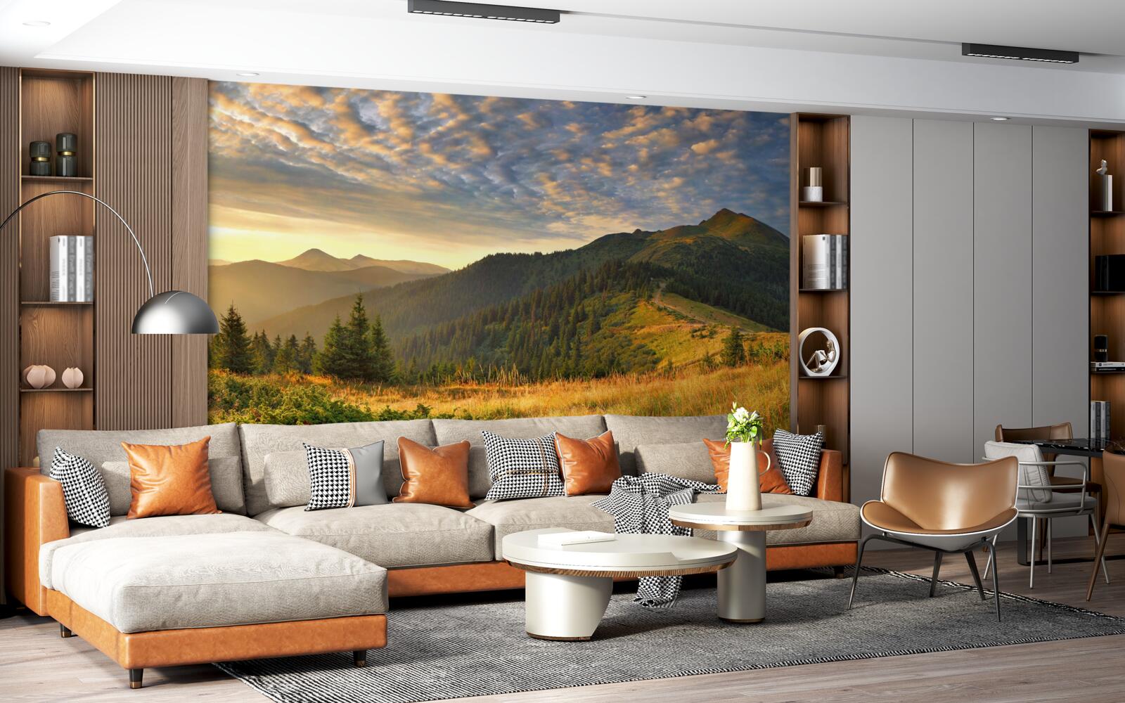 Fototapeta chmury nad górami pomalowane są w ciepłe kolory zachodu słońca