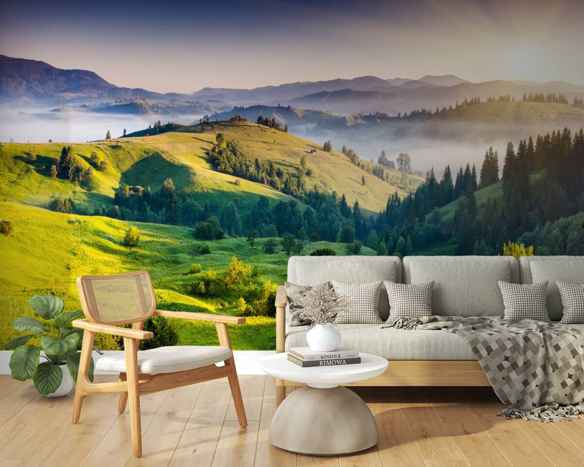 Fototapeta górskie łąki ożywają w ciepłych promieniach świtu