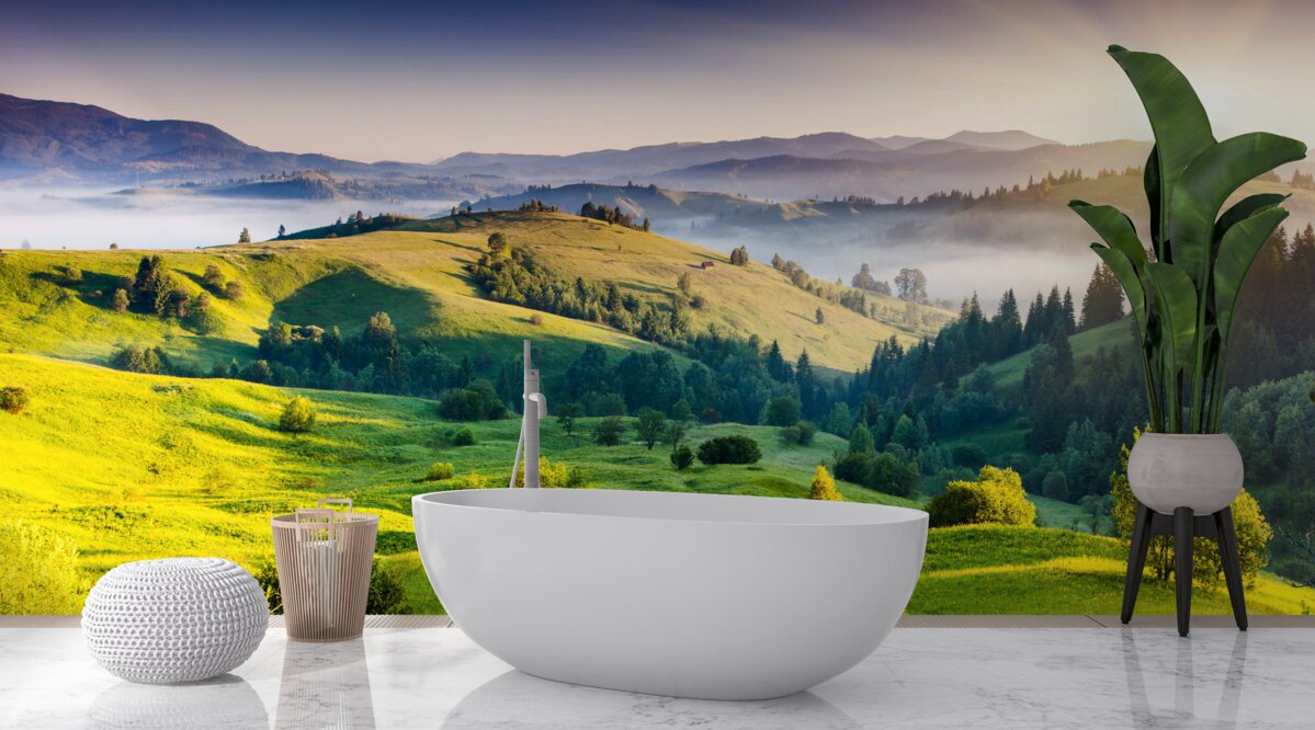 Fototapeta górskie łąki ożywają w ciepłych promieniach świtu