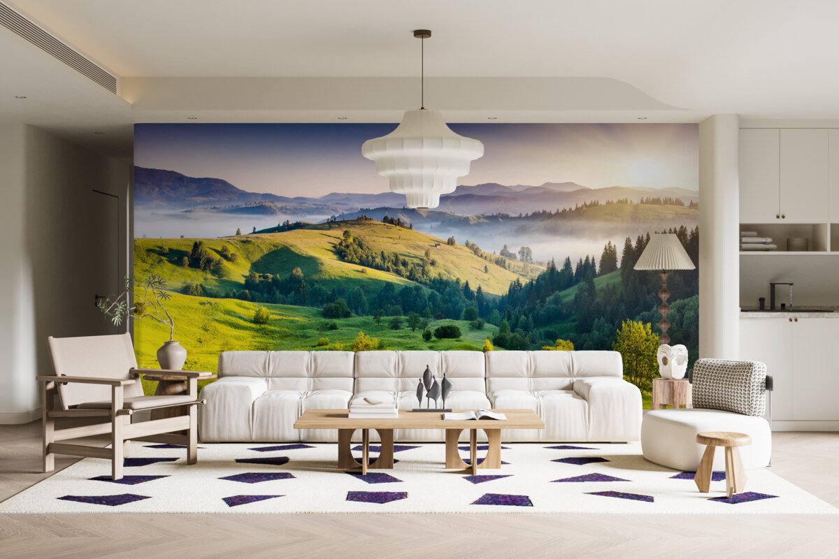 Fototapeta górskie łąki ożywają w ciepłych promieniach świtu