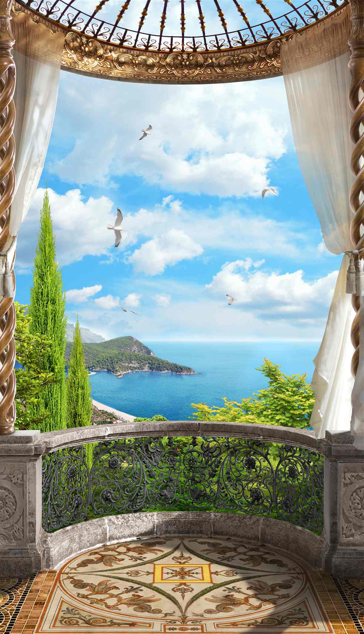 Fototapeta weranda z panoramicznym widokiem na morze