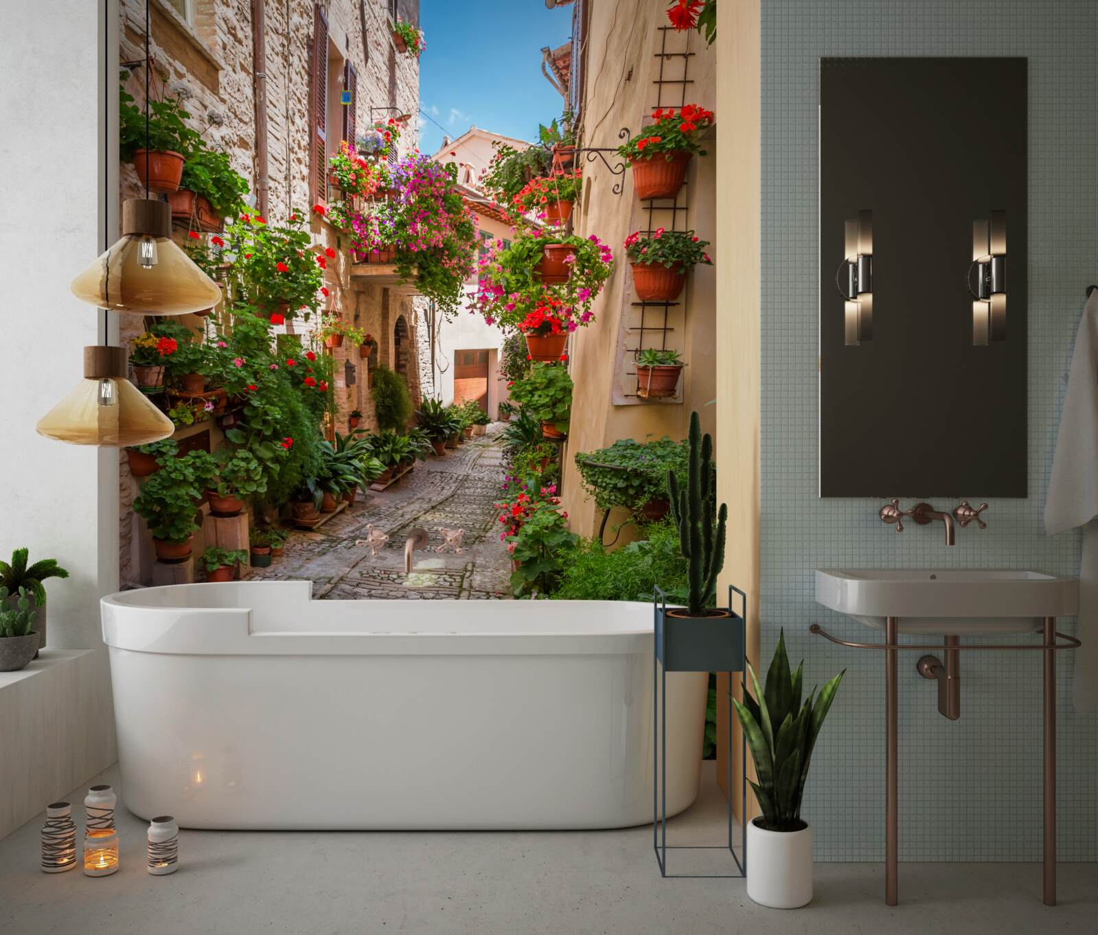 Fototapeta stara ulica z kamiennym chodnikiem